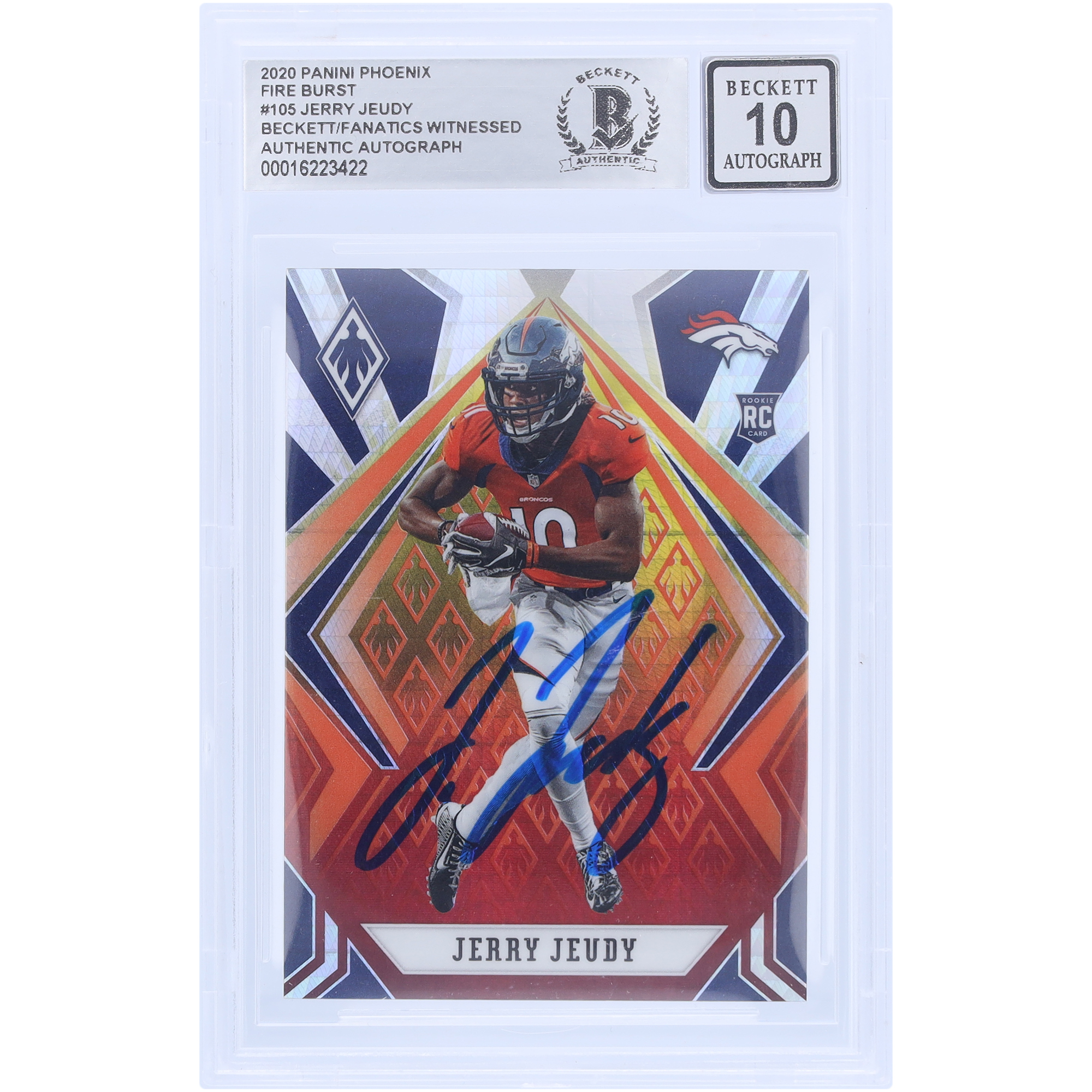 Jerry Jeudy Denver Broncos signiert 2020 Panini Phoenix Fire Burst #105 Beckett Fanatics Zeuge authentifizierte 10 Rookie-Karte