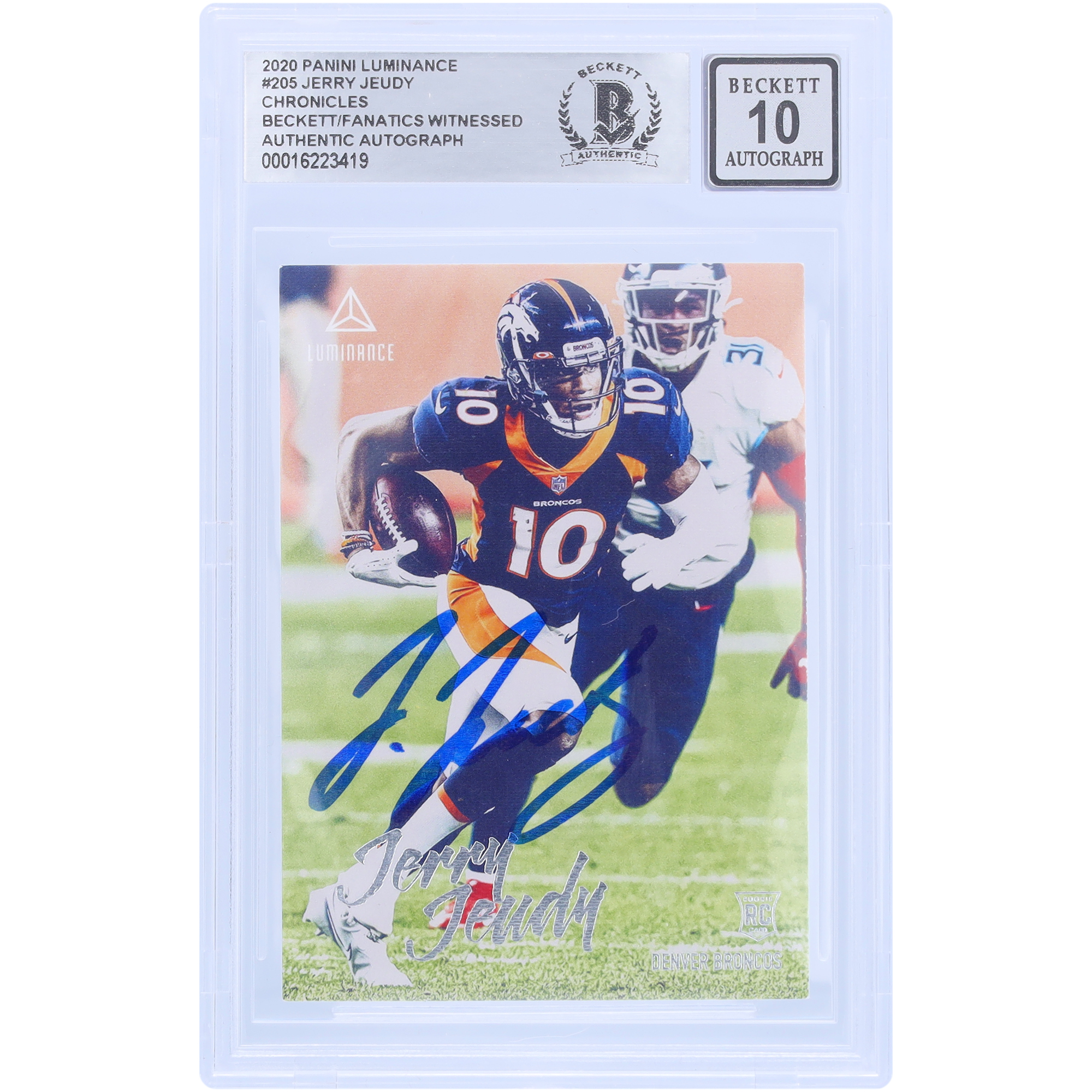 Jerry Jeudy Denver Broncos signiert 2020 Panini Luminance #205 Beckett Fanatics bezeugt authentifiziert 10 Rookie-Karte