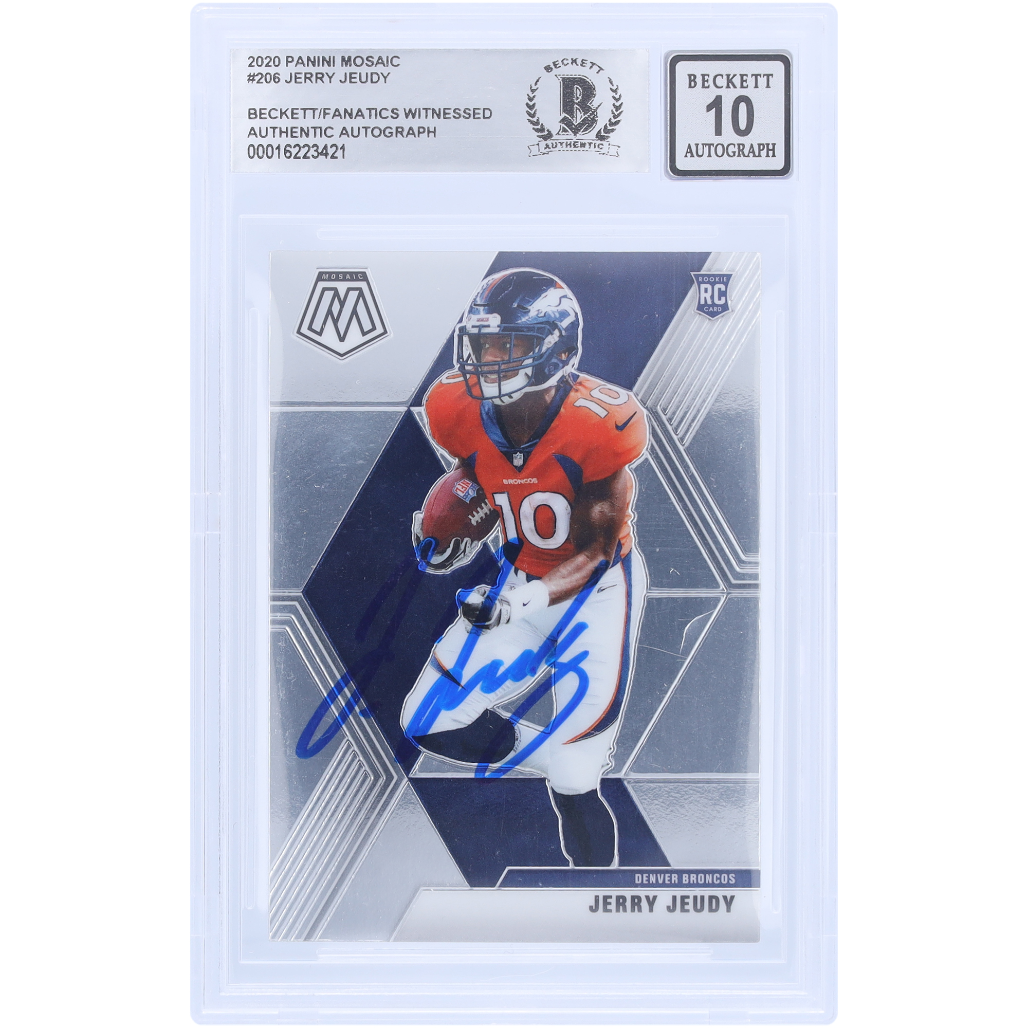 Jerry Jeudy Denver Broncos signiert 2020 Panini Mosaik #206 Beckett Fanatics Zeuge authentifiziert 10 Rookie-Karte