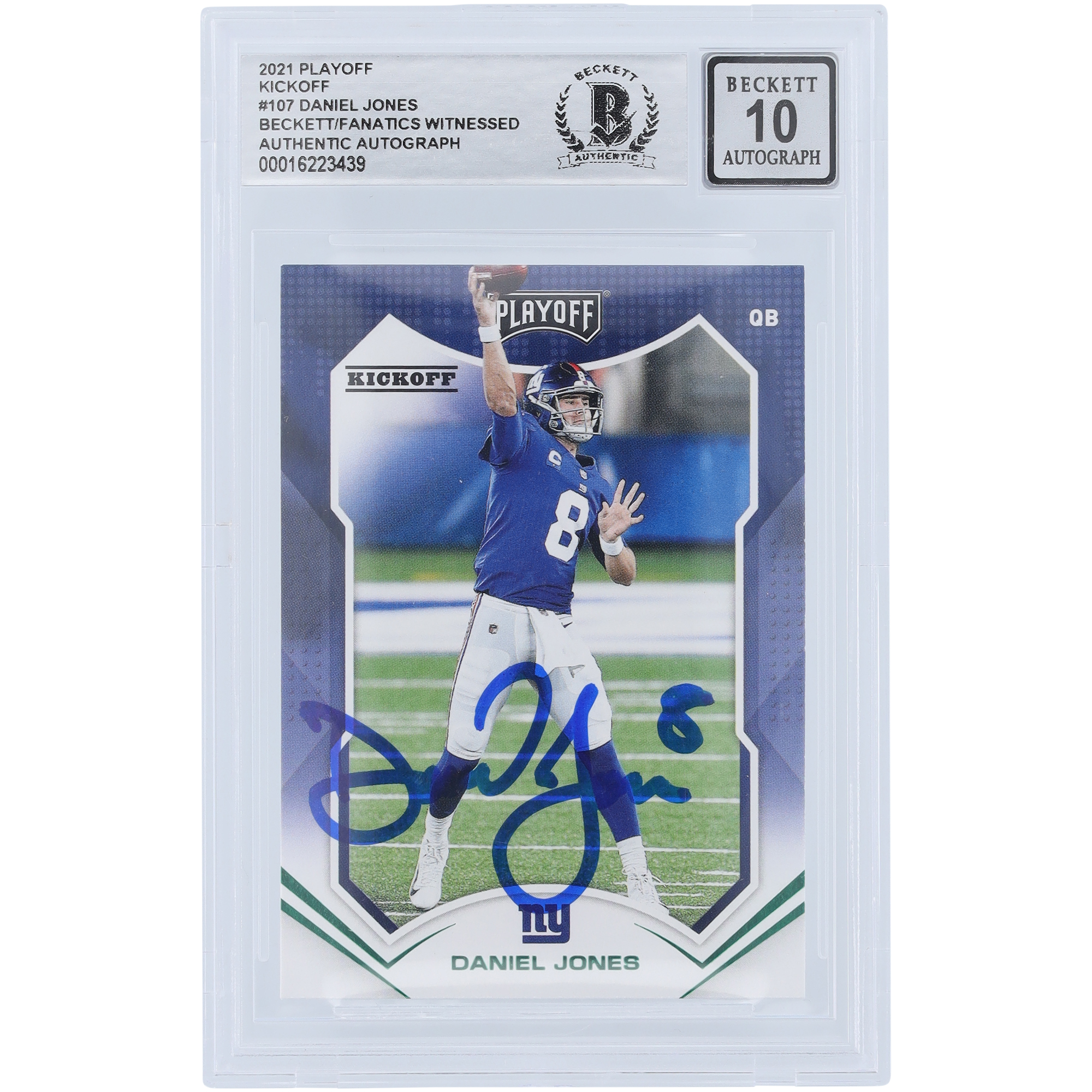 Daniel Jones New York Giants signiert 2021 Panini Playoff Kickoff #107 Beckett Fanatics bezeugt authentifiziert 10 Karte