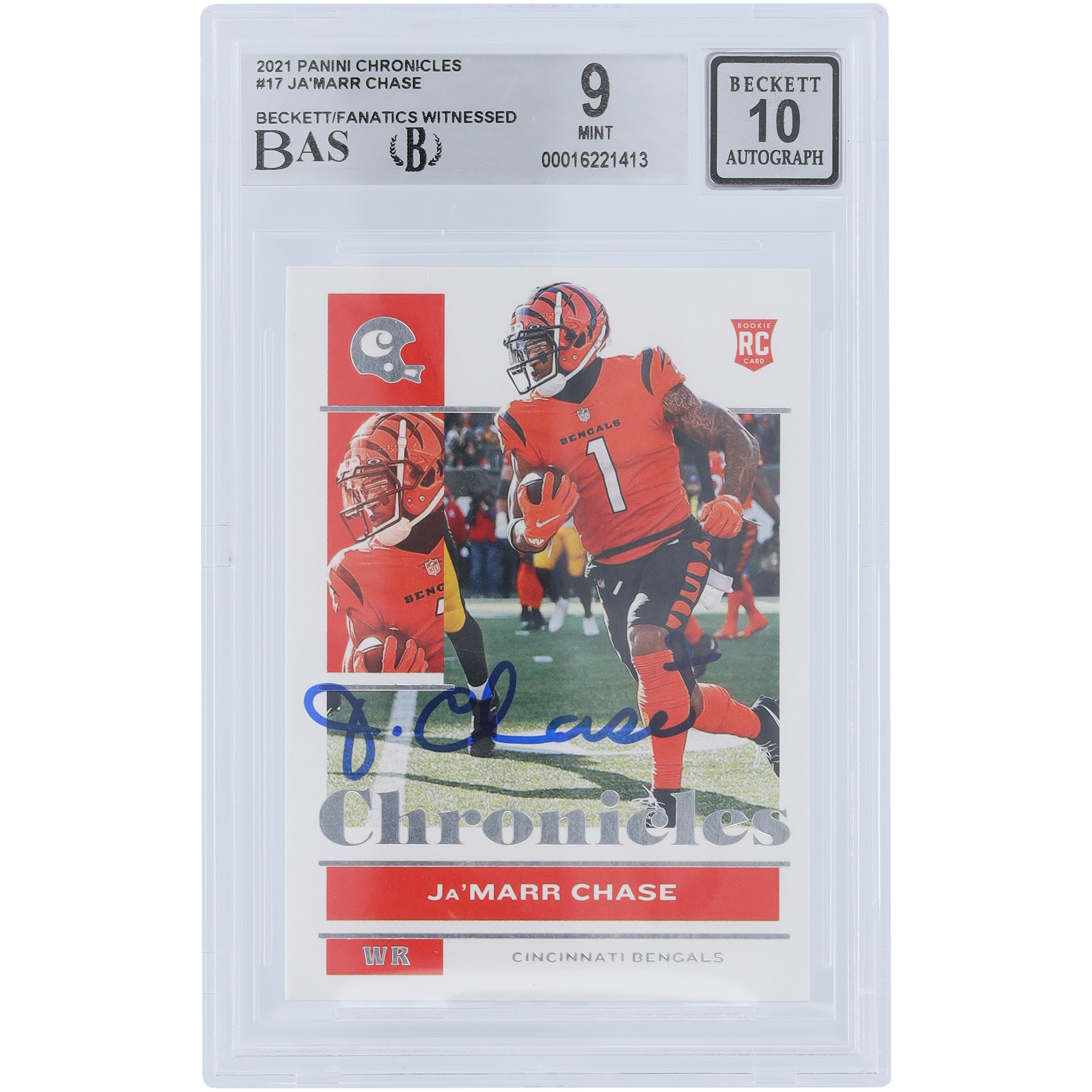 Ja’Marr Chase Cincinnati Bengals signierte 2021 Panini Chronicles #17 Beckett Fanatics bezeugte authentifizierte 9/10 Rookie-Karte