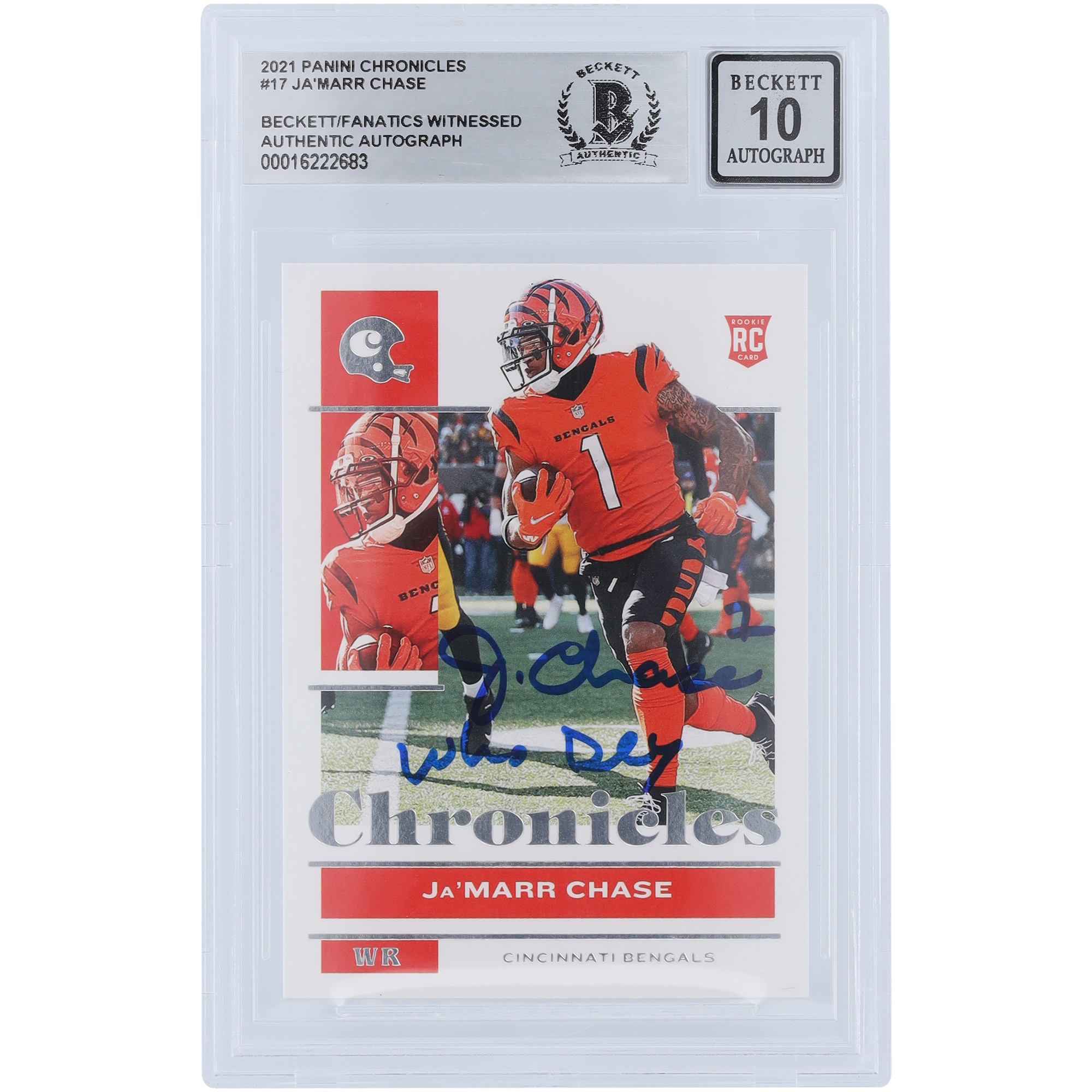 Ja’Marr Chase Cincinnati Bengals signierte 2021 Panini Chronicles #17 Beckett Fanatics bezeugte authentifizierte 10 Rookie-Karte mit „Who Dey“-Aufschrift