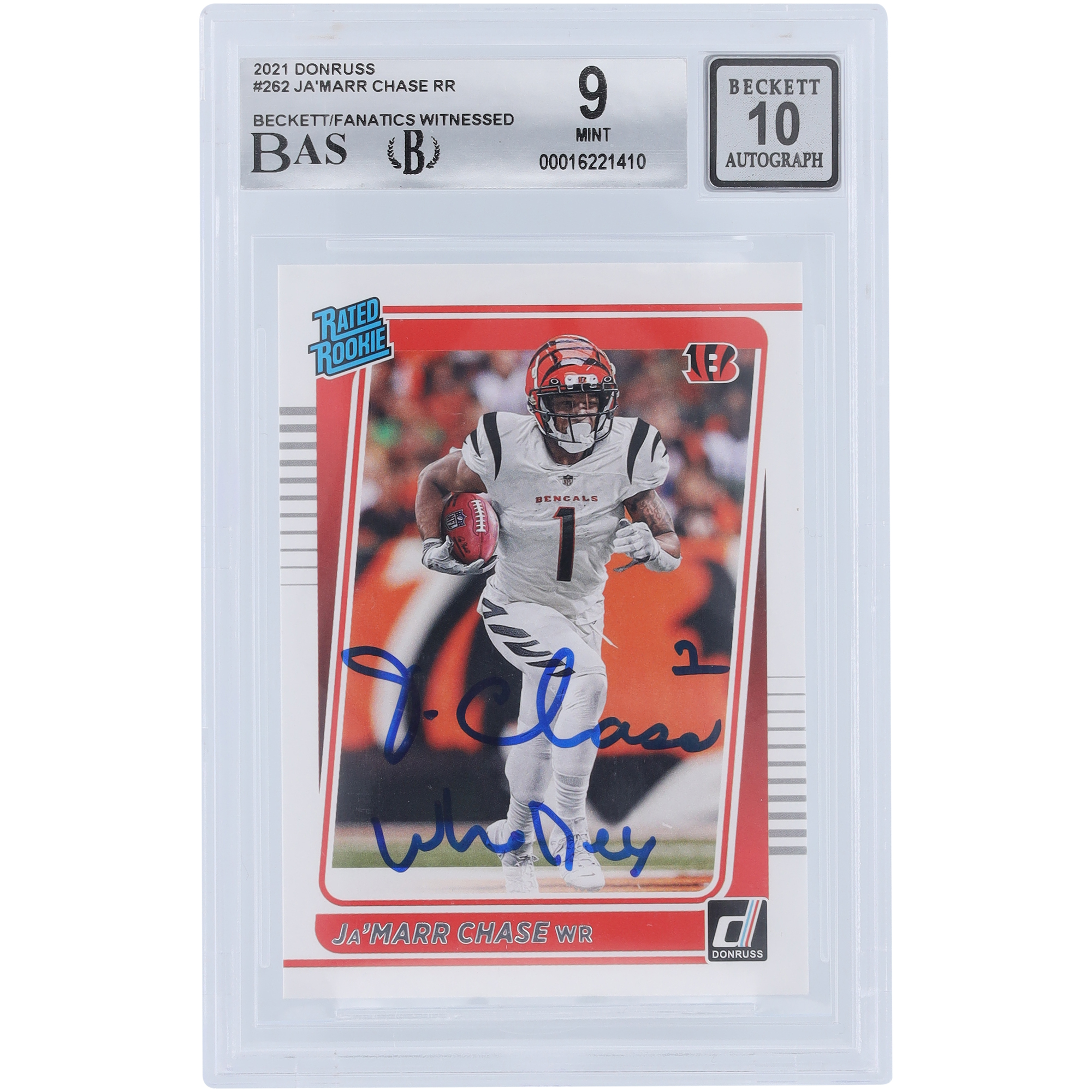 Ja’Marr Chase Cincinnati Bengals signierte 2021 Panini Donruss #262 Beckett Fanatics bezeugte authentifizierte 9/10 Rookie-Karte mit „Who Dey“-Aufschrift