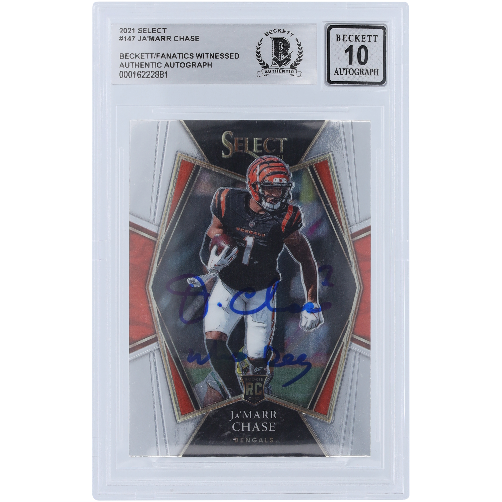 Ja’Marr Chase Cincinnati Bengals signierte 2021 Panini Select #147 Beckett Fanatics bezeugte authentifizierte 10 Rookie-Karte mit „Who Dey“-Aufschrift