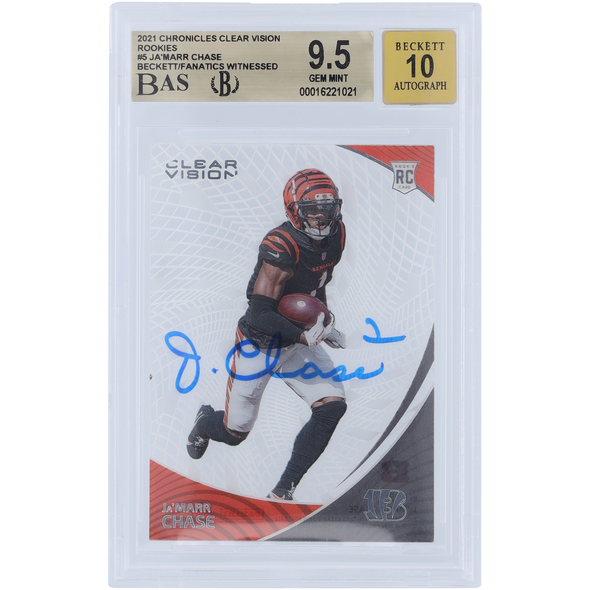 Ja’Marr Chase Cincinnati Bengals signierte 2021 Panini Chronicles Clear Vision #CVR-5 Beckett Fanatics bezeugte authentifizierte 9,5/10 Rookie-Karte