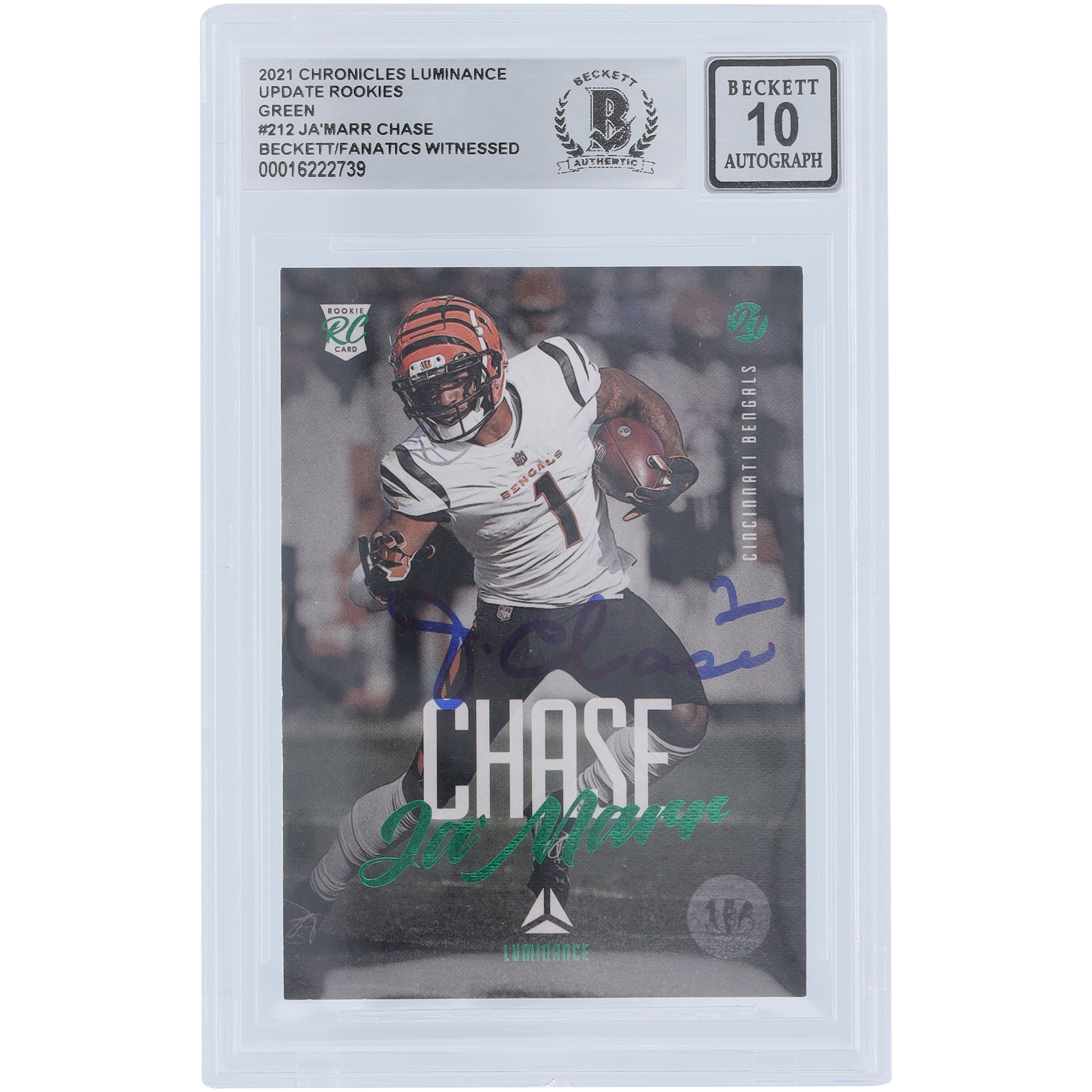 Ja’Marr Chase Cincinnati Bengals signierte 2021 Panini Luminance Green #212 Beckett Fanatics bezeugte authentifizierte 10 Rookie-Karte