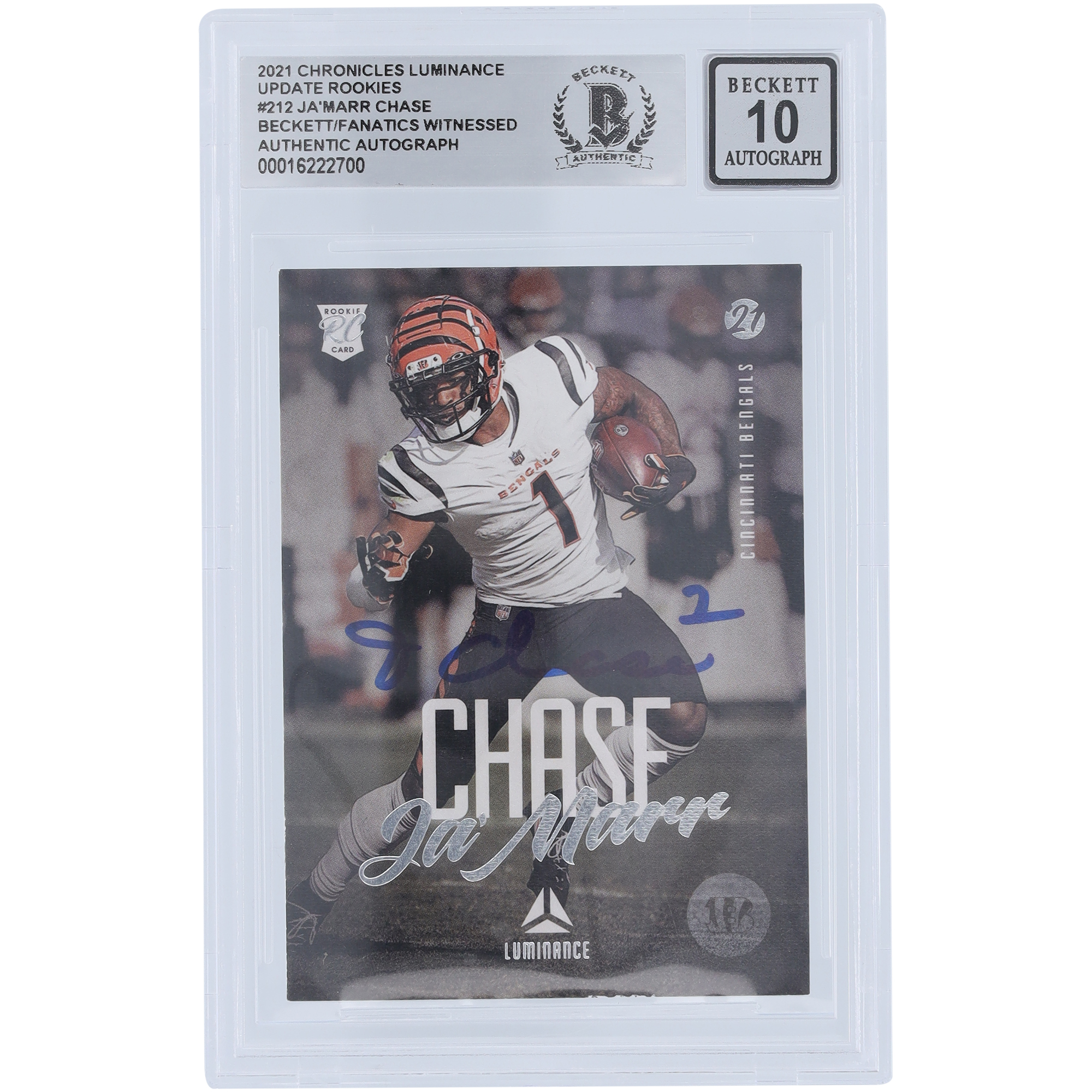 Ja’Marr Chase Cincinnati Bengals signierte 2021 Panini Luminance #212 Beckett Fanatics bezeugte authentifizierte 10 Rookie-Karte