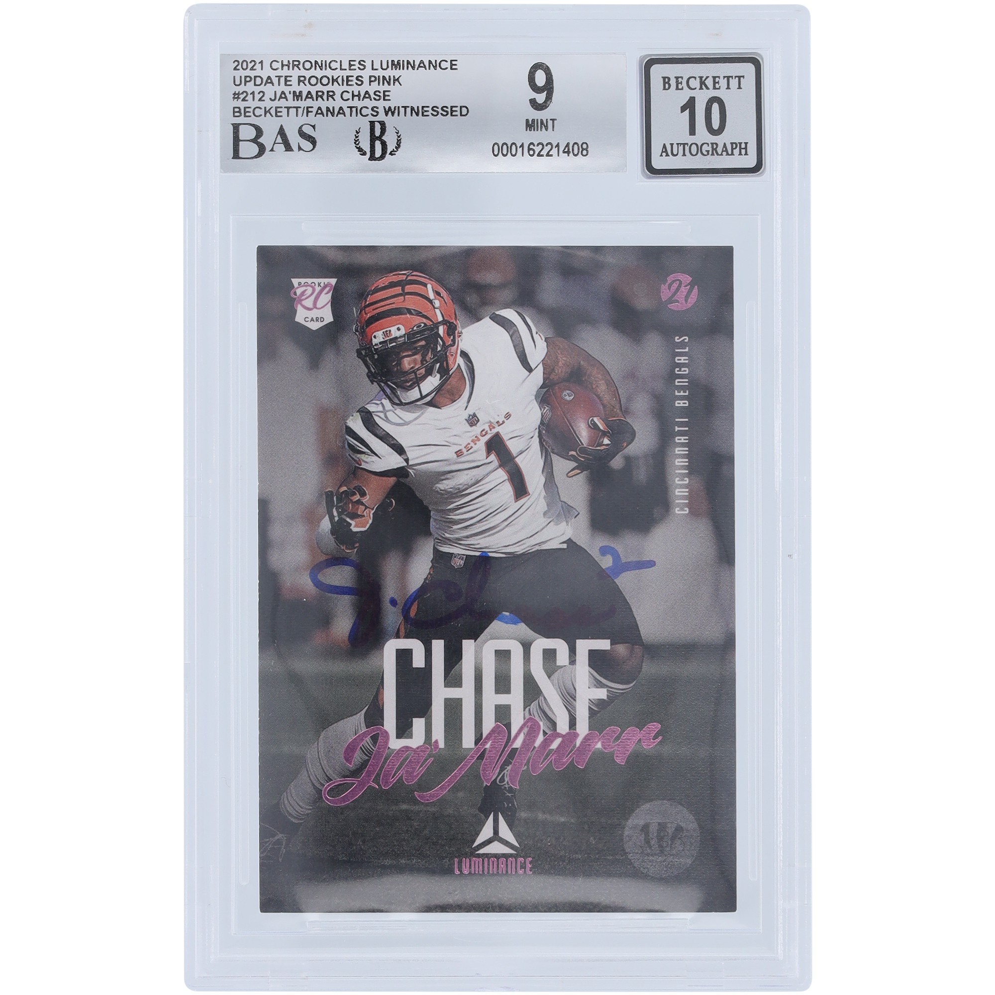 Ja’Marr Chase Cincinnati Bengals signierte 2021 Panini Luminance Pink #212 Beckett Fanatics bezeugte authentifizierte 9/10 Rookie-Karte