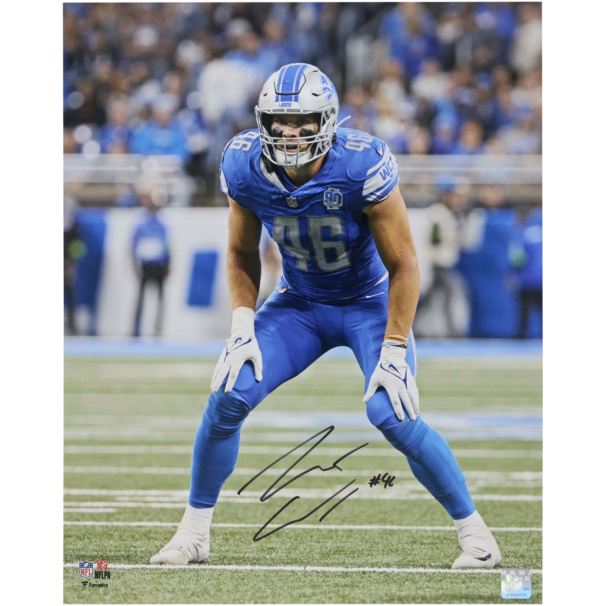 Autogrammfoto der Detroit Lions von Jack Campbell, 16 x 20 Zoll, blaues Trikot, Verteidigungshaltung