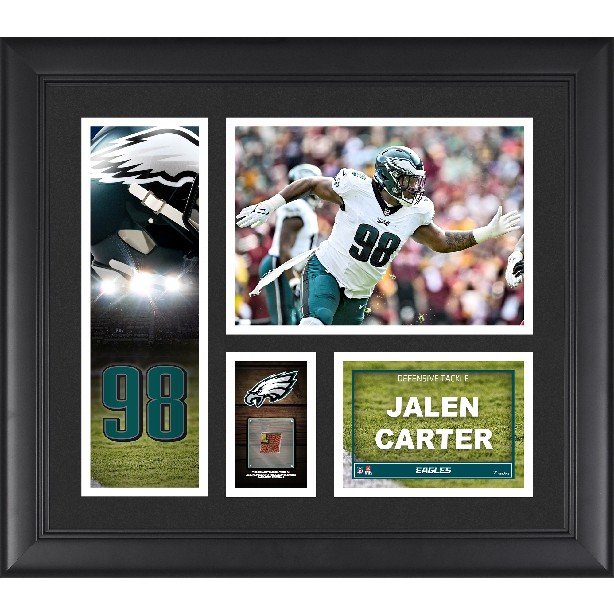 Gerahmte Spielercollage von Jalen Carter, Philadelphia Eagles, 15 x 17 Zoll, mit einem Stück eines Spielballs