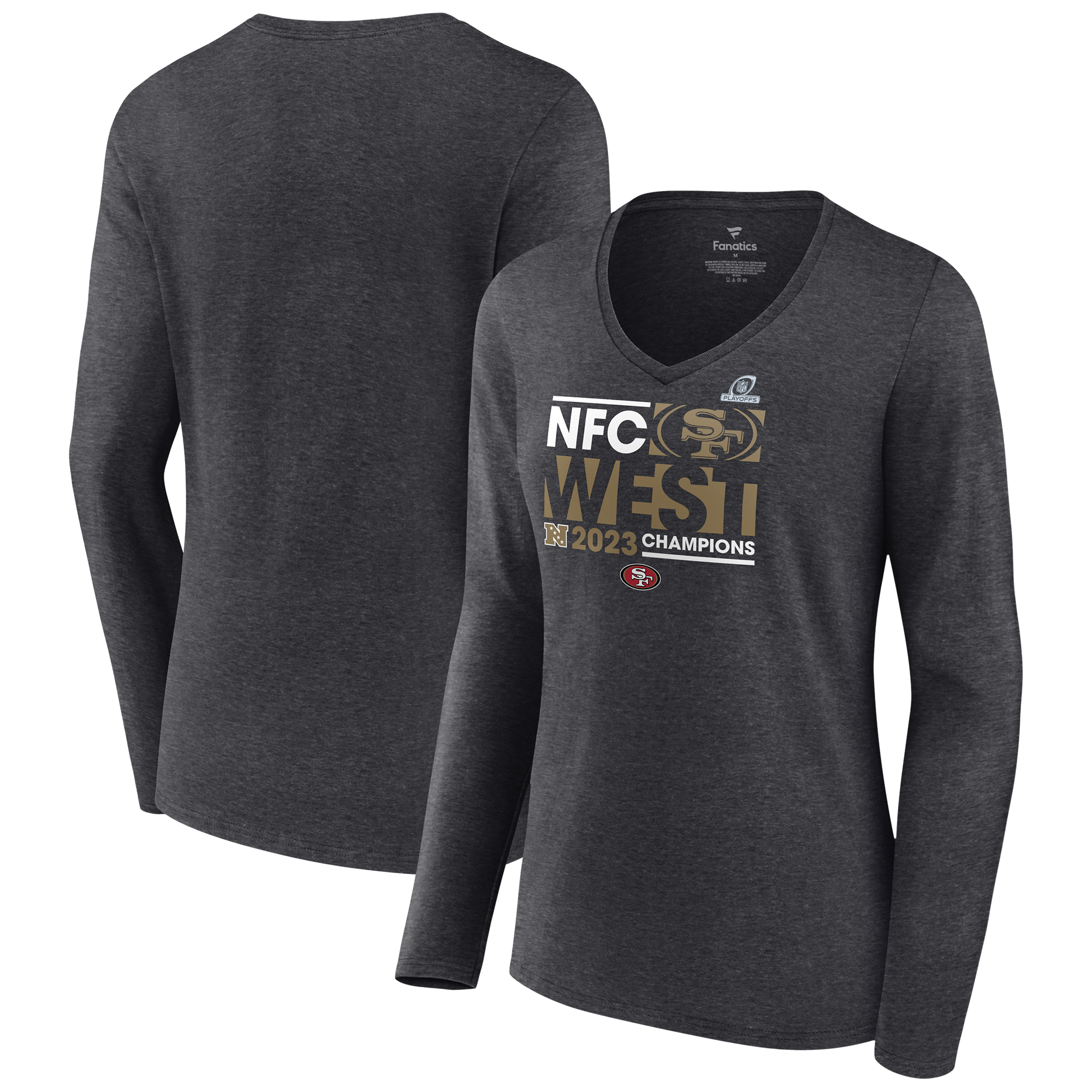 San Francisco 49ers 2023 NFC West Division Champions Conquer Fanatics Heather Charcoal Langarm-T-Shirt mit V-Ausschnitt für Damen