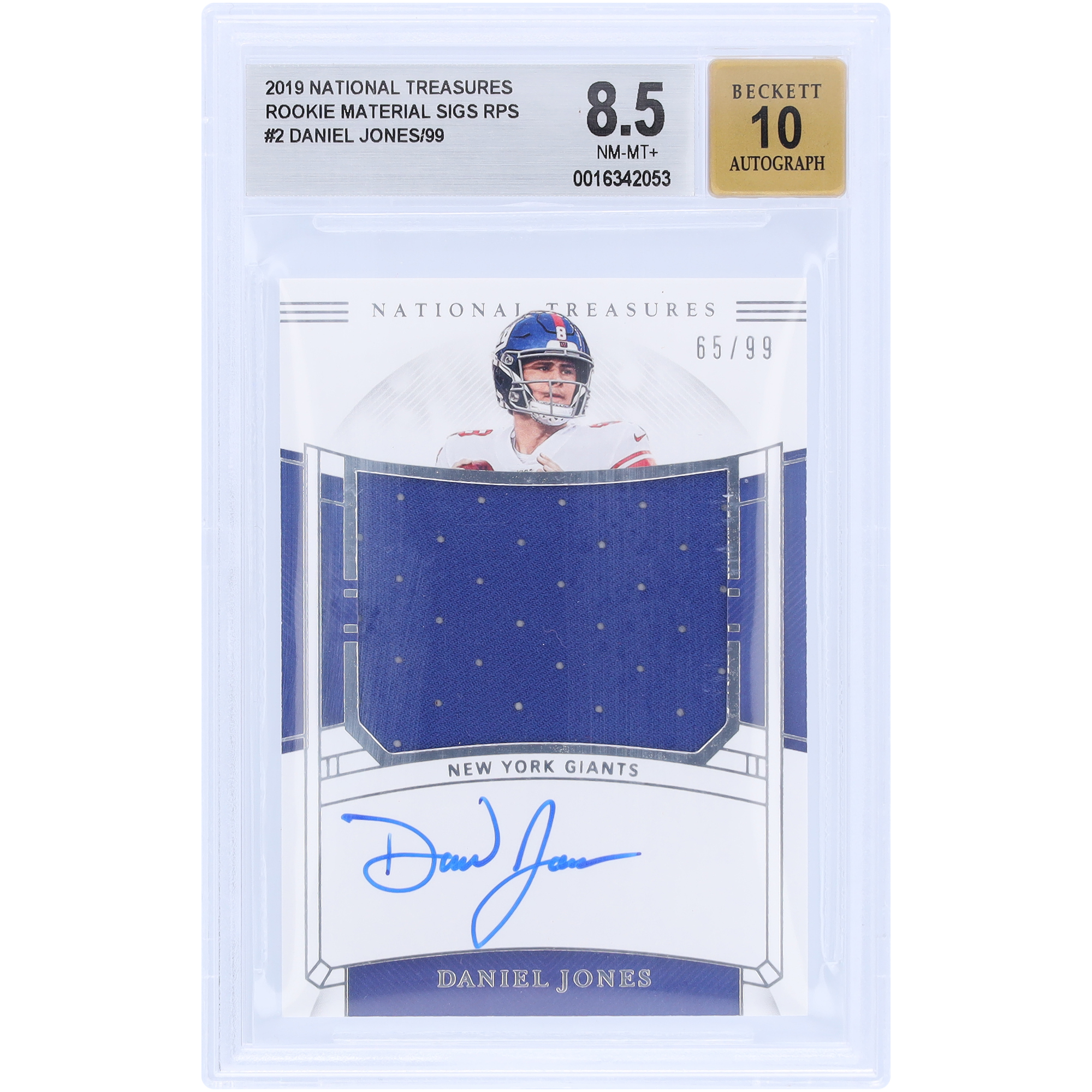 Daniel Jones New York Giants signierte 2019 Panini National Treasures Jumbo Relic #RMS-DJ #65/99 BGS authentifizierte 8,5/10 Rookie-Karte