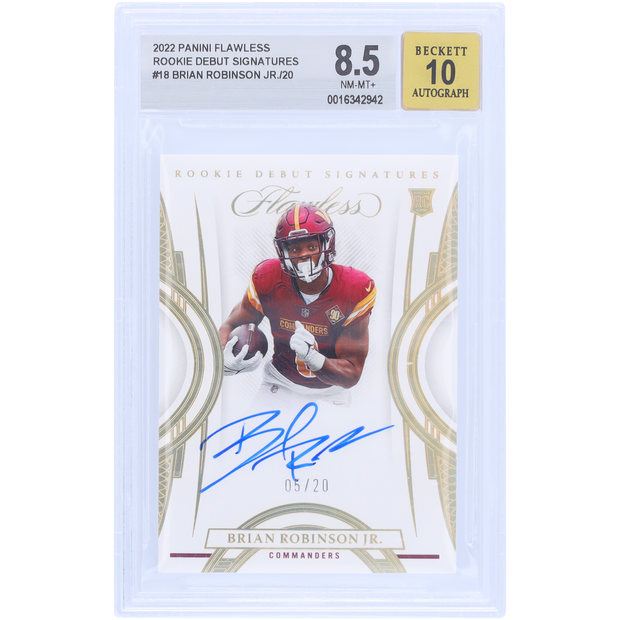 Brian Robinson Jr. Washington Commanders signierte 2022 Panini Flawless Rookie Debut #RDS-BR #5/20 BGS authentifizierte 8,5/10 Karte