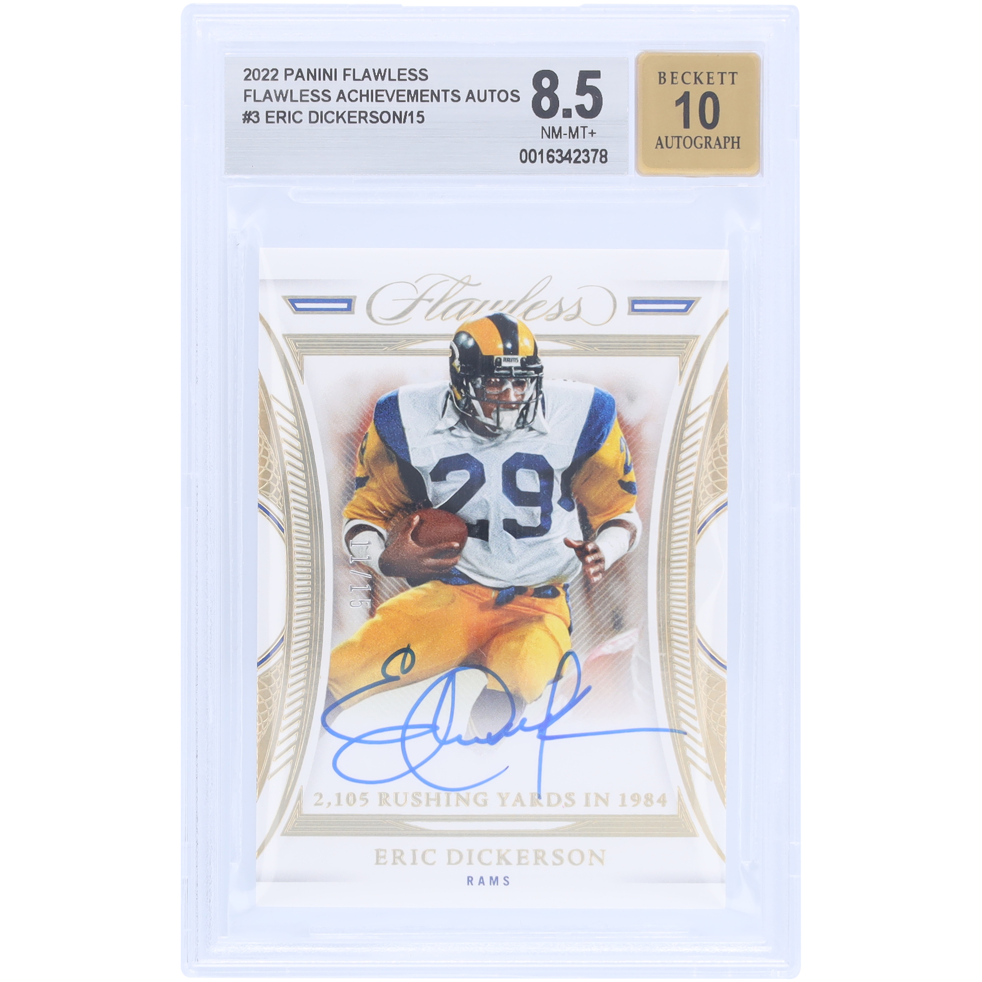 Eric Dickerson Los Angeles Rams signierte 2022 Panini Flawless Achievements #FA-ED # 11/15 BGS authentifizierte 8,5/10 Karte