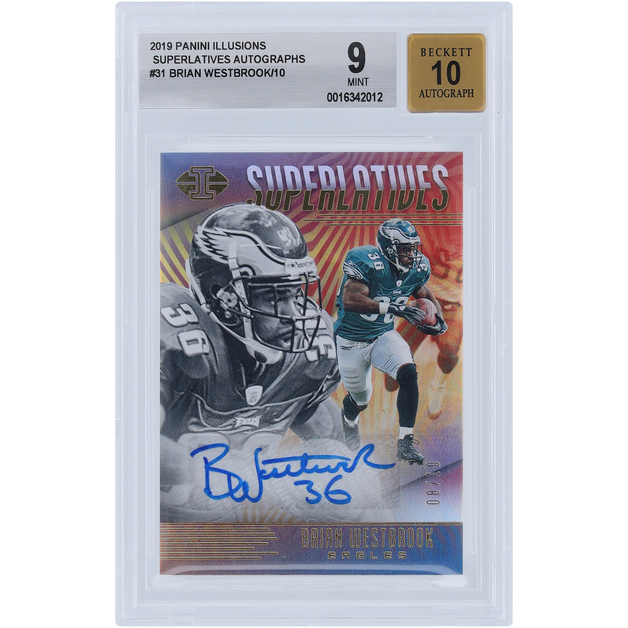 Brian Westbrook Philadelphia Eagles signierte 2019 Panini Illusions Superlatives #SP-BW #8/10 BGS authentifizierte 9/10 Karte