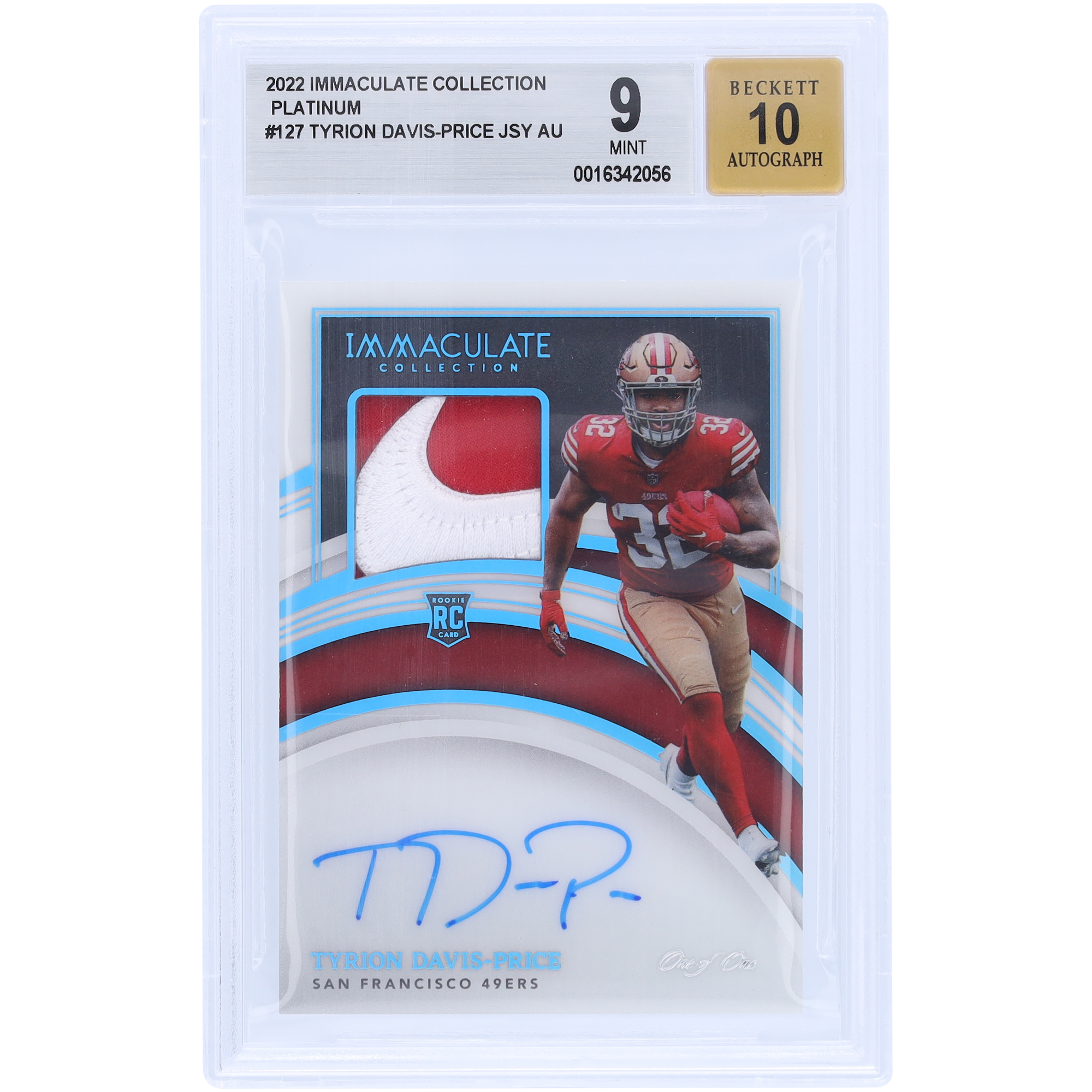 Tyrion Davis-Price San Francisco 49ers signierte 2022 Panini Immaculate Collection Nike Swoosh Relic #127 #1/1 BGS authentifizierte 9/10 Rookie-Karte