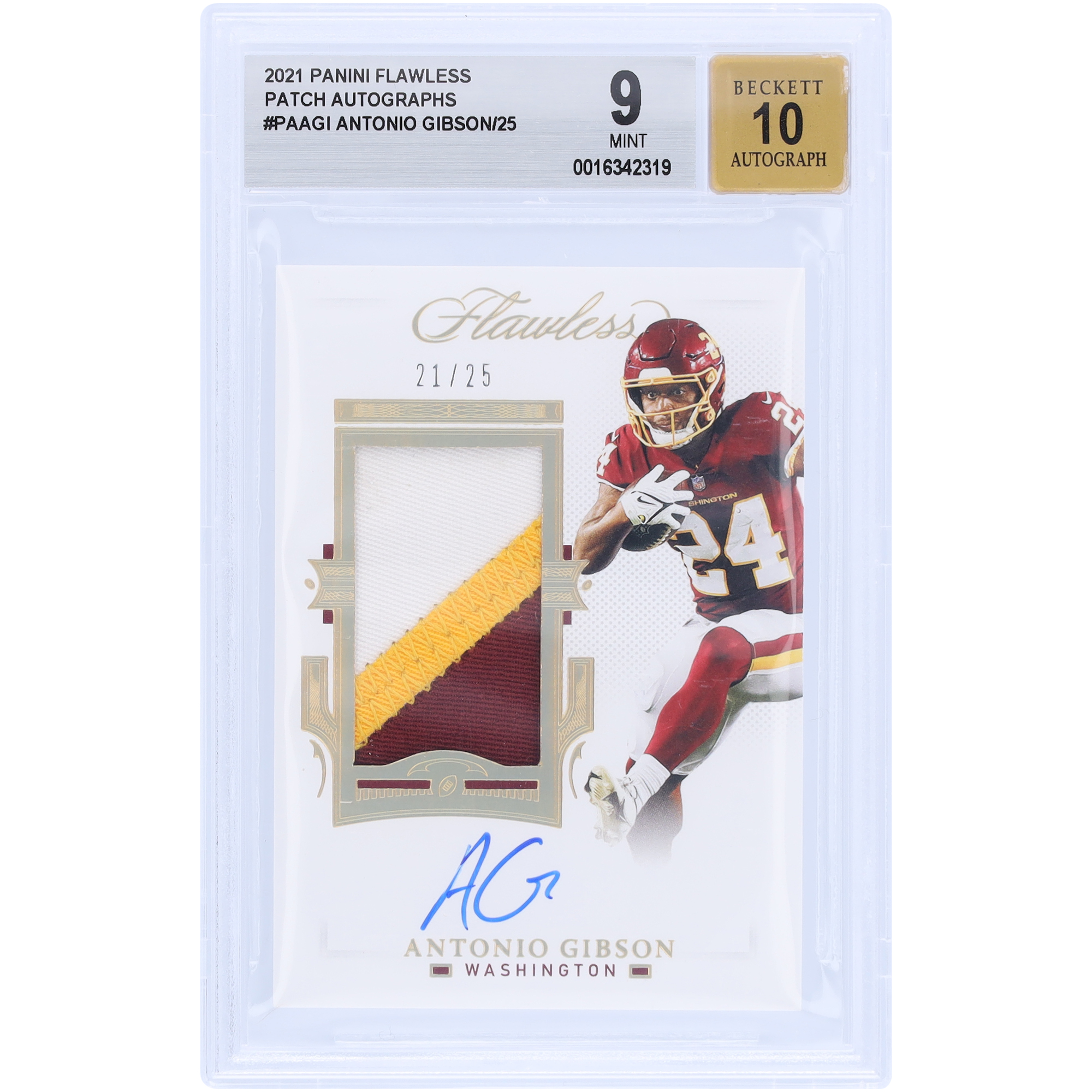 Antonio Gibson Washington Commanders signierte 2021 Panini Flawless Tri-Color Relic #PA-AGI #21/25 BGS authentifizierte 9/10 Karte