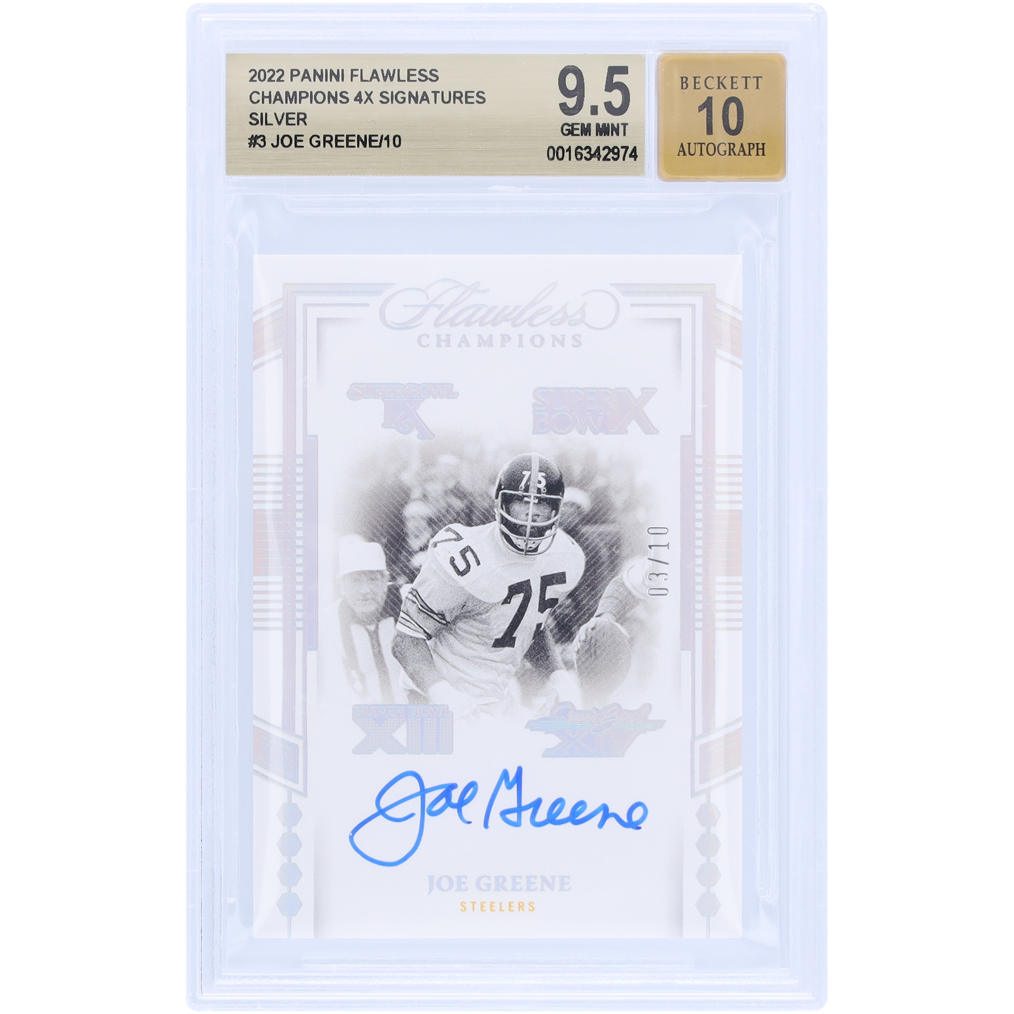 Joe Greene Pittsburgh Steelers signierte 2022 Panini Flawless 4x Champions #4X-JG #3/10 BGS authentifizierte 9,5/10 Karte