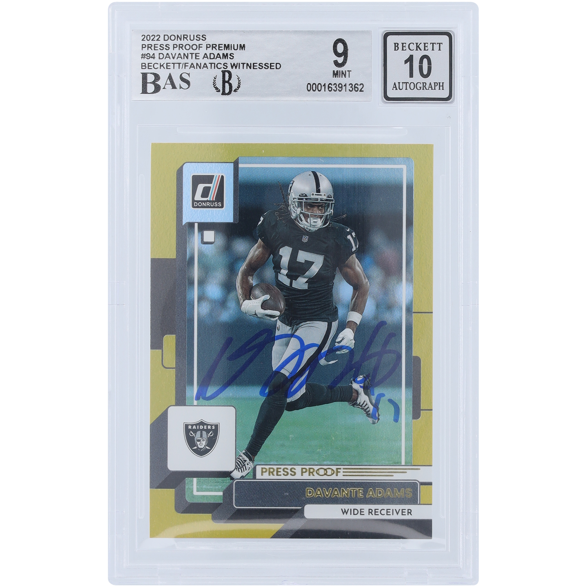 Davante Adams Las Vegas Raiders Autogrammkarte 2022 Panini Donruss Press Proof Premium #94 Beckett Fanatics bezeugte authentifizierte 9/10 Karte