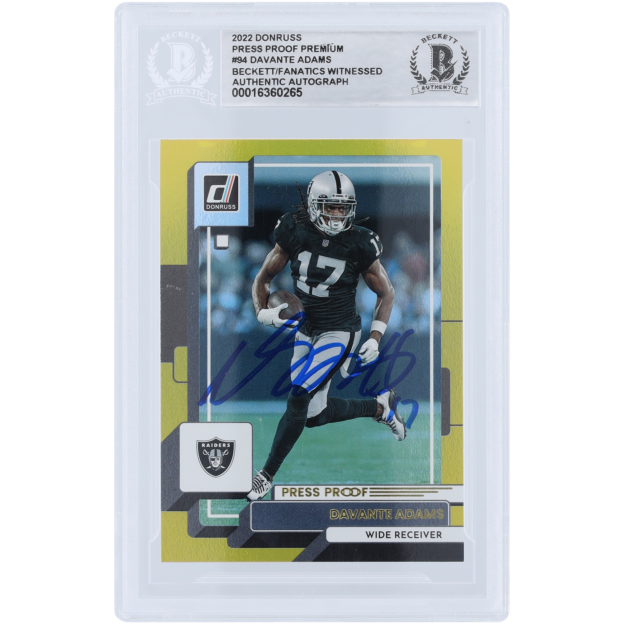 Davante Adams Las Vegas Raiders Autogrammkarte 2022 Panini Donruss Press Proof Premium #94 Beckett Fanatics bezeugte authentifizierte Karte