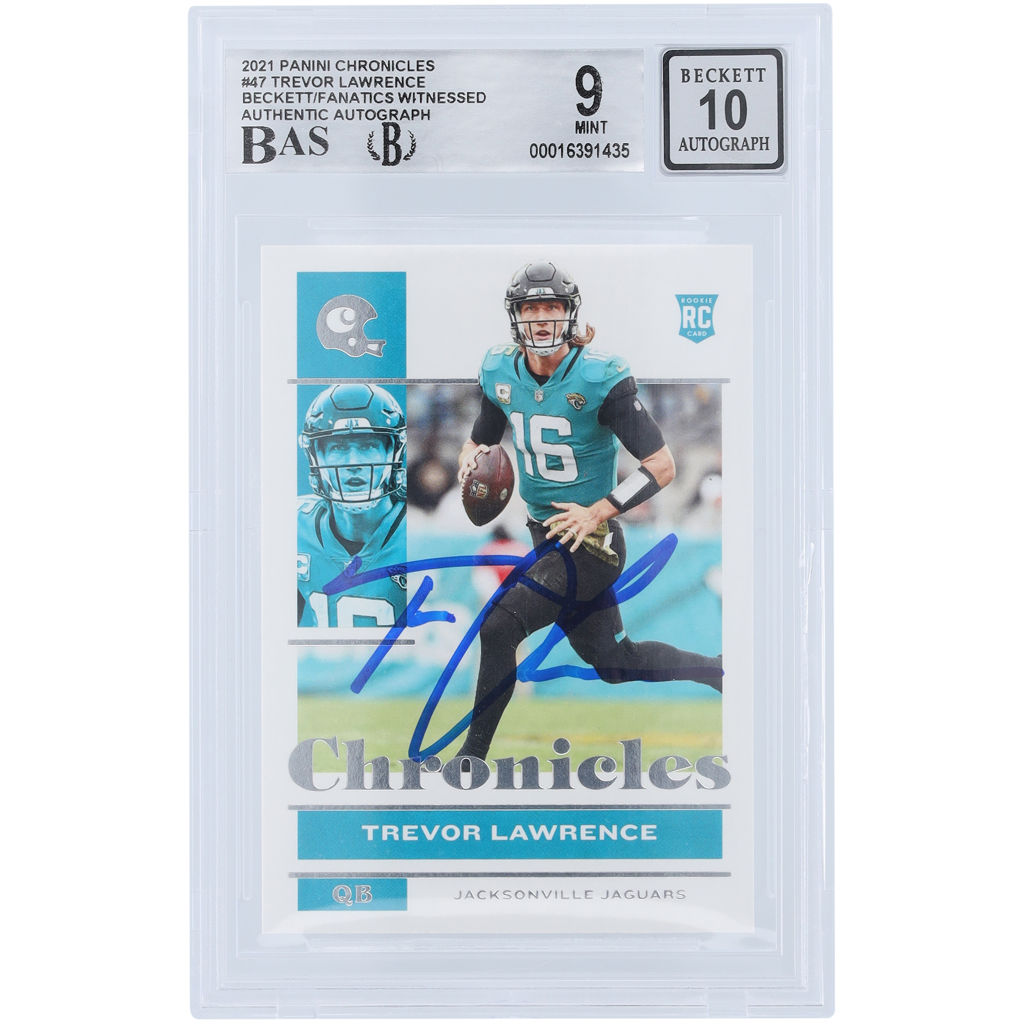 Trevor Lawrence Jacksonville Jaguars signierte 2021 Panini Chronicles #47 Beckett Fanatics bezeugte authentifizierte 9/10 Rookie-Karte