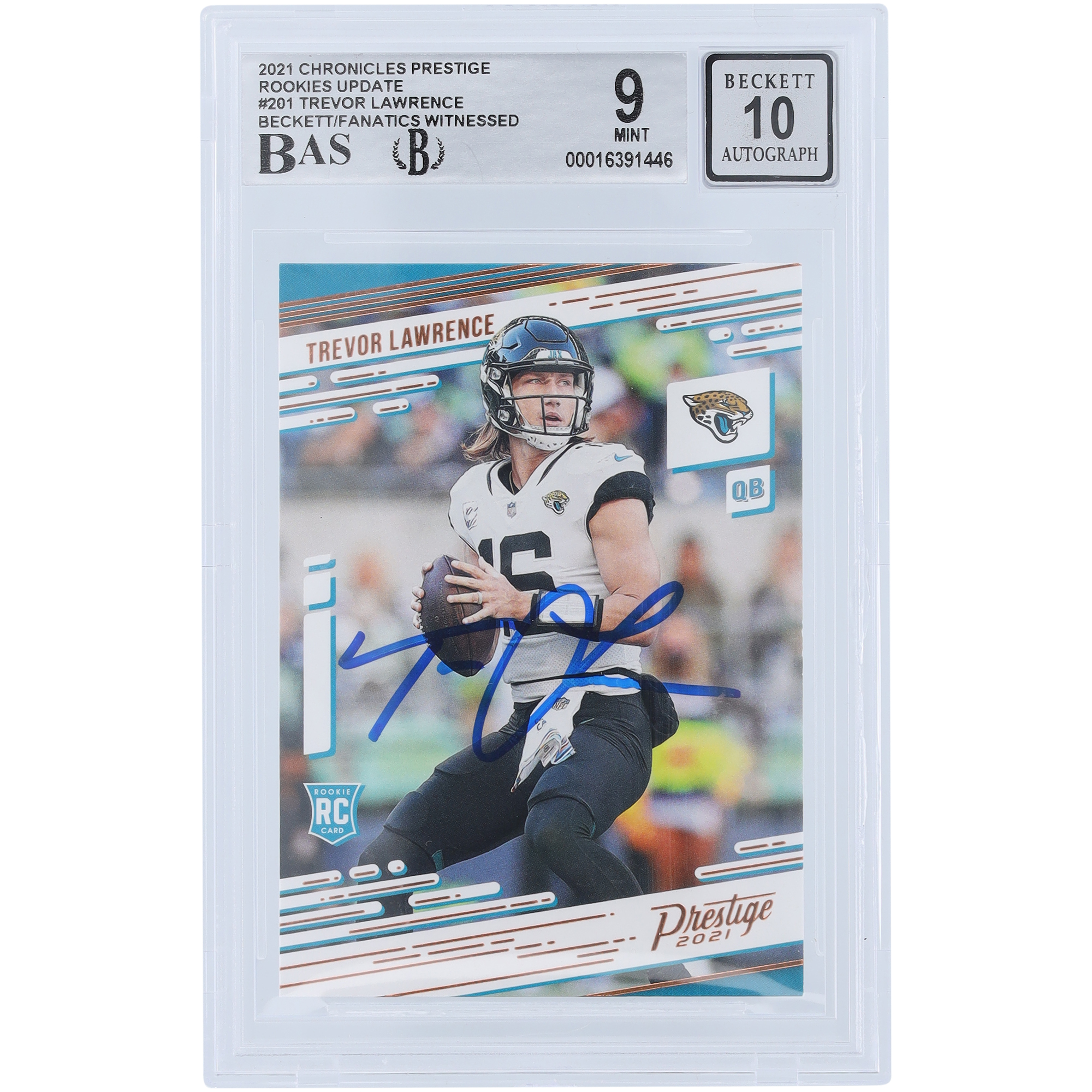 Trevor Lawrence Jacksonville Jaguars signierte 2021 Panini Chronicles Prestige Rookies Update #201 Beckett Fanatics bezeugte authentifizierte 9/10 Rookie-Karte