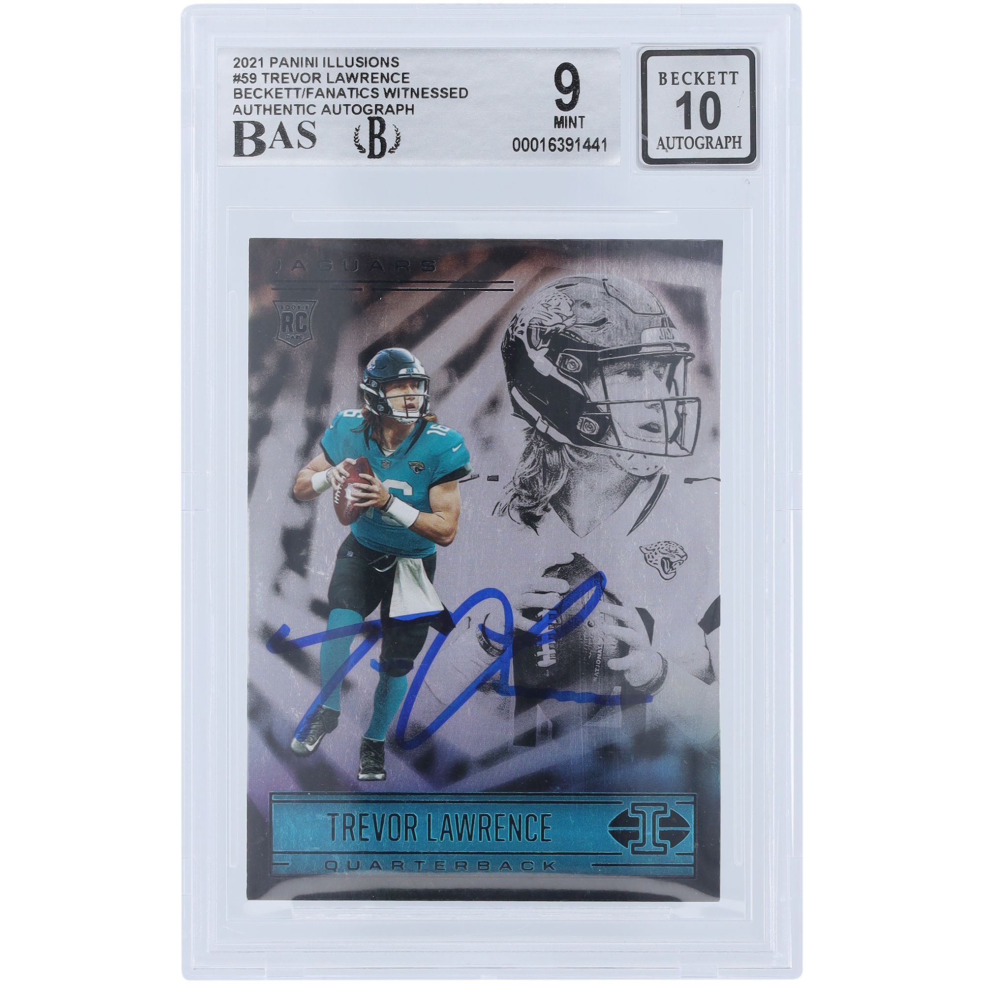 Trevor Lawrence Jacksonville Jaguars signierte 2021 Panini Illusions #59 Beckett Fanatics bezeugte authentifizierte 9/10 Rookie-Karte