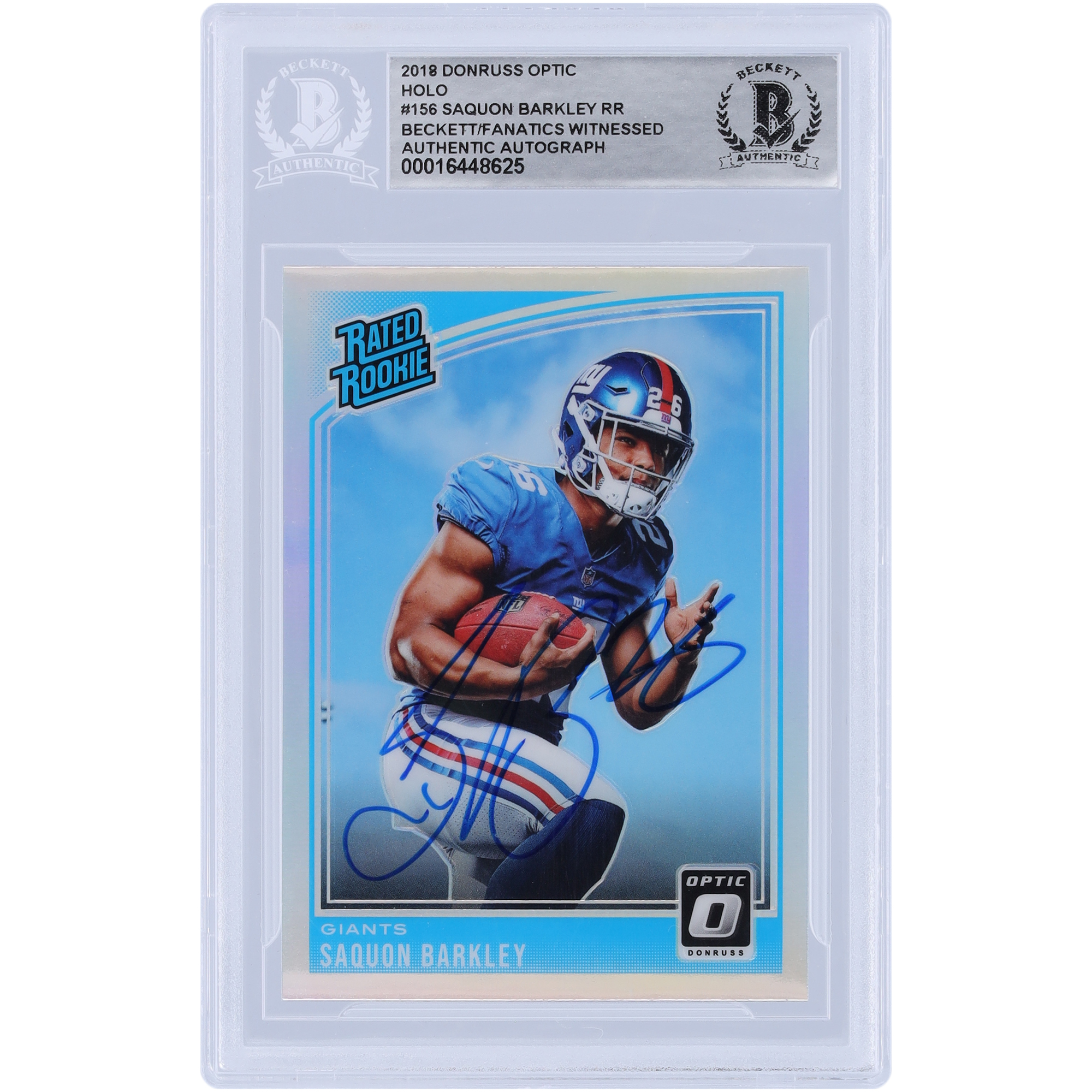 Saquon Barkley New York Giants signierte 2018 Panini Donruss Optic Rated Rookie Holo #156 Beckett Fanatics bezeugte authentifizierte Rookie-Karte