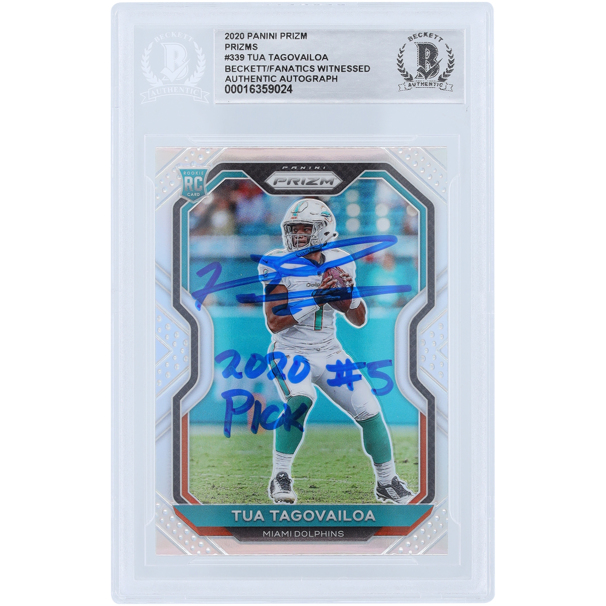 Tua Tagovailoa Miami Dolphins signierte 2020 Panini Prizm Silver Prizm #339 Beckett Fanatics bezeugte authentifizierte Rookie-Karte mit „2020 #5 PICK“-Aufschrift