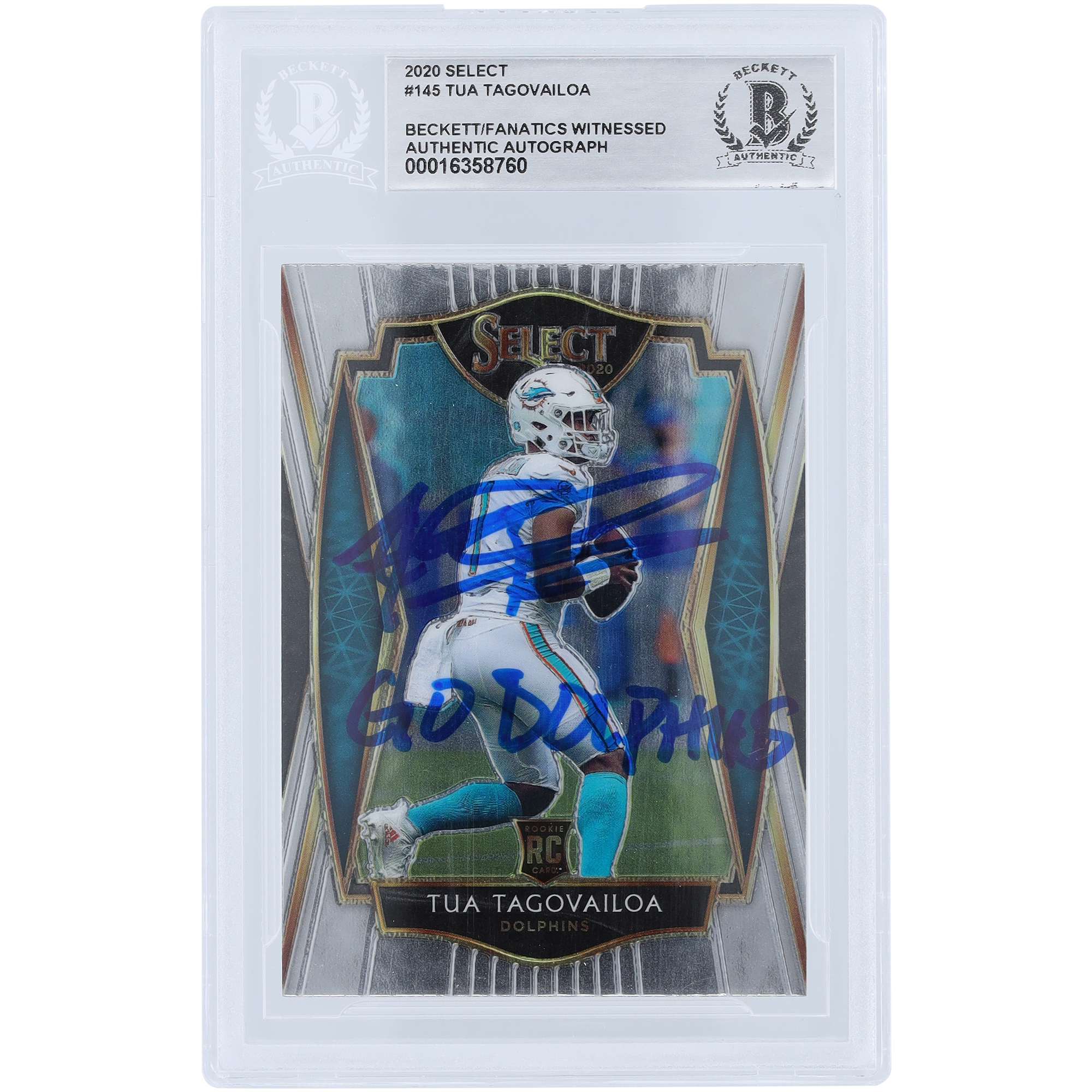 Tua Tagovailoa Miami Dolphins signierte 2020 Panini Select Premier Level #145 Beckett Fanatics bezeugte authentifizierte Rookie-Karte mit „GO DOLPHINS“-Aufschrift