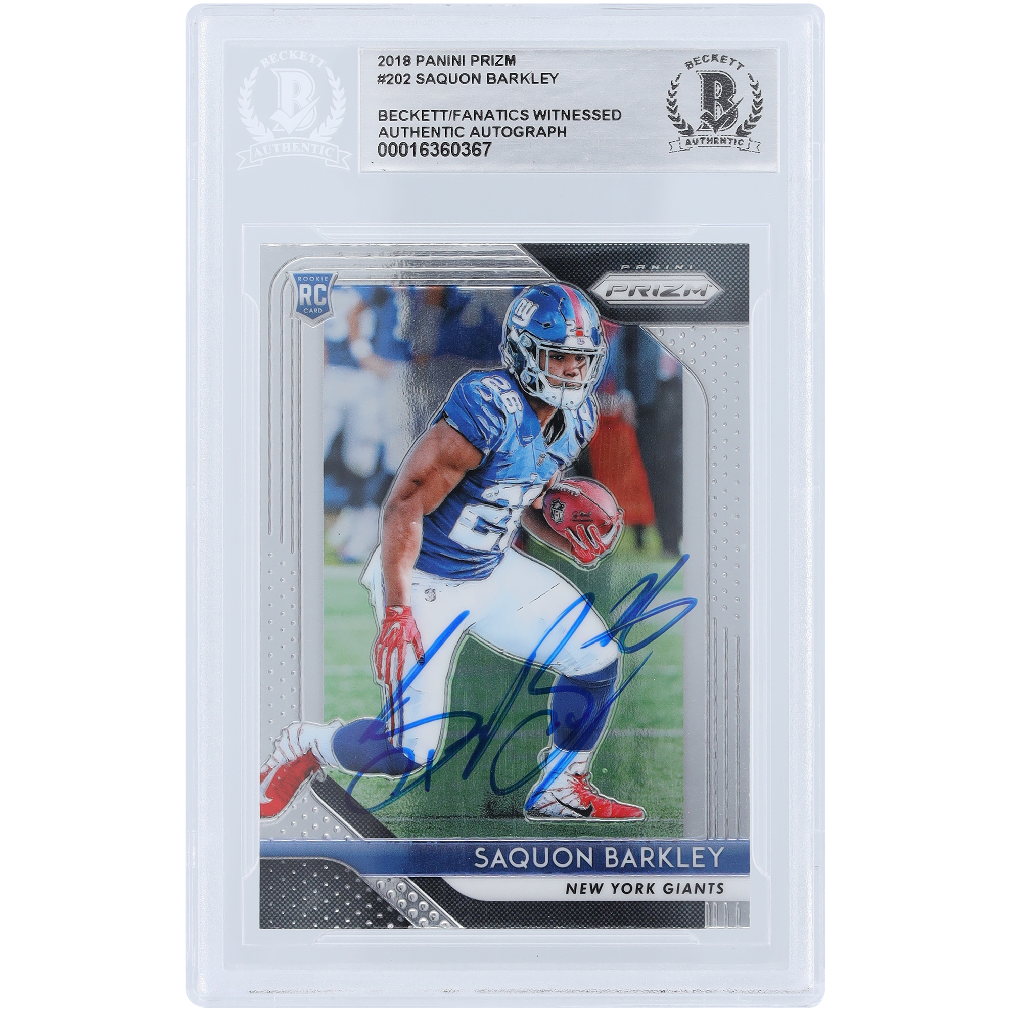 Saquon Barkley New York Giants signierte 2018 Panini Prizm #202 Beckett Fanatics bezeugte authentifizierte Rookie-Karte