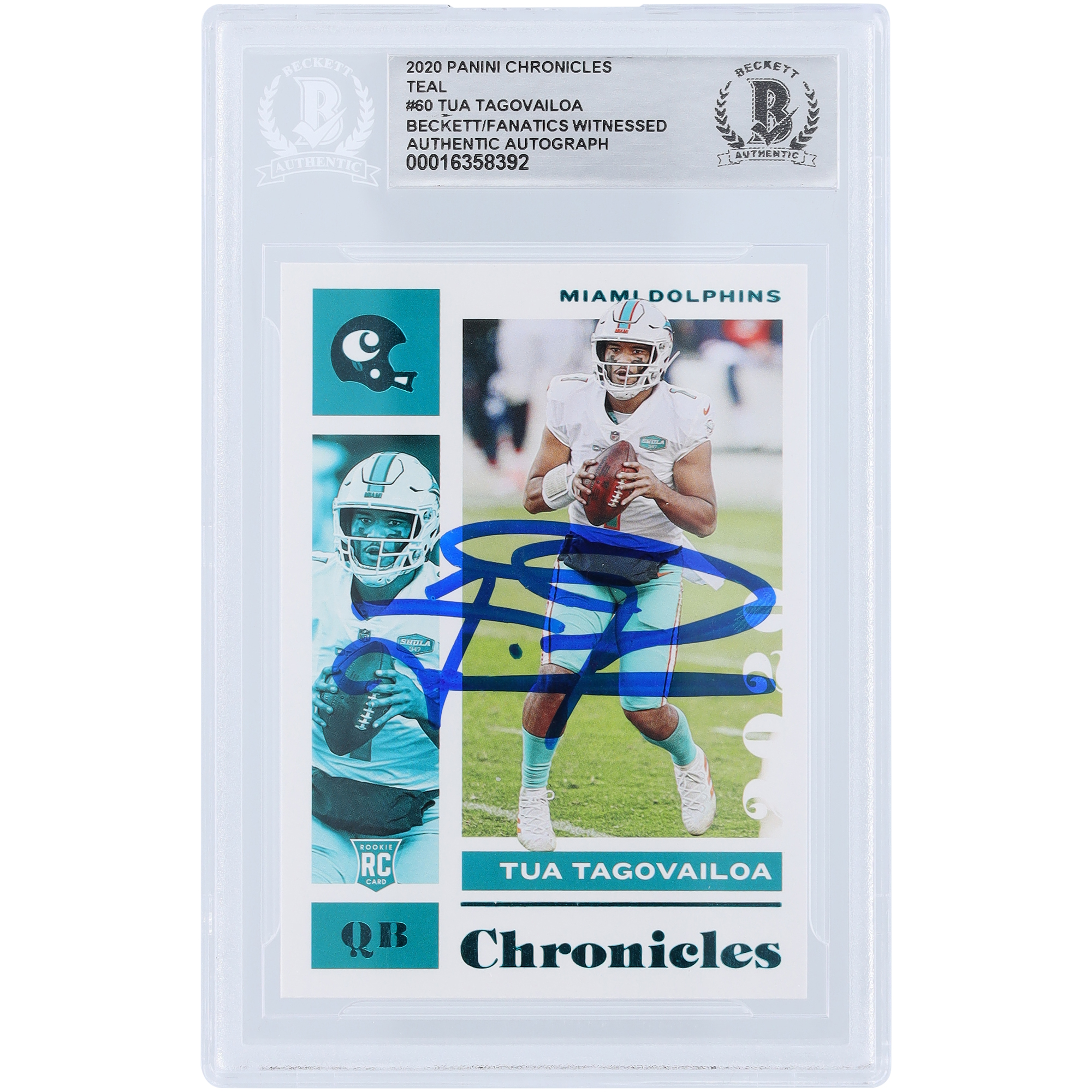 Tua Tagovailoa Miami Dolphins signierte 2020 Panini Chronicles Teal #60 Beckett Fanatics bezeugte authentifizierte Rookie-Karte