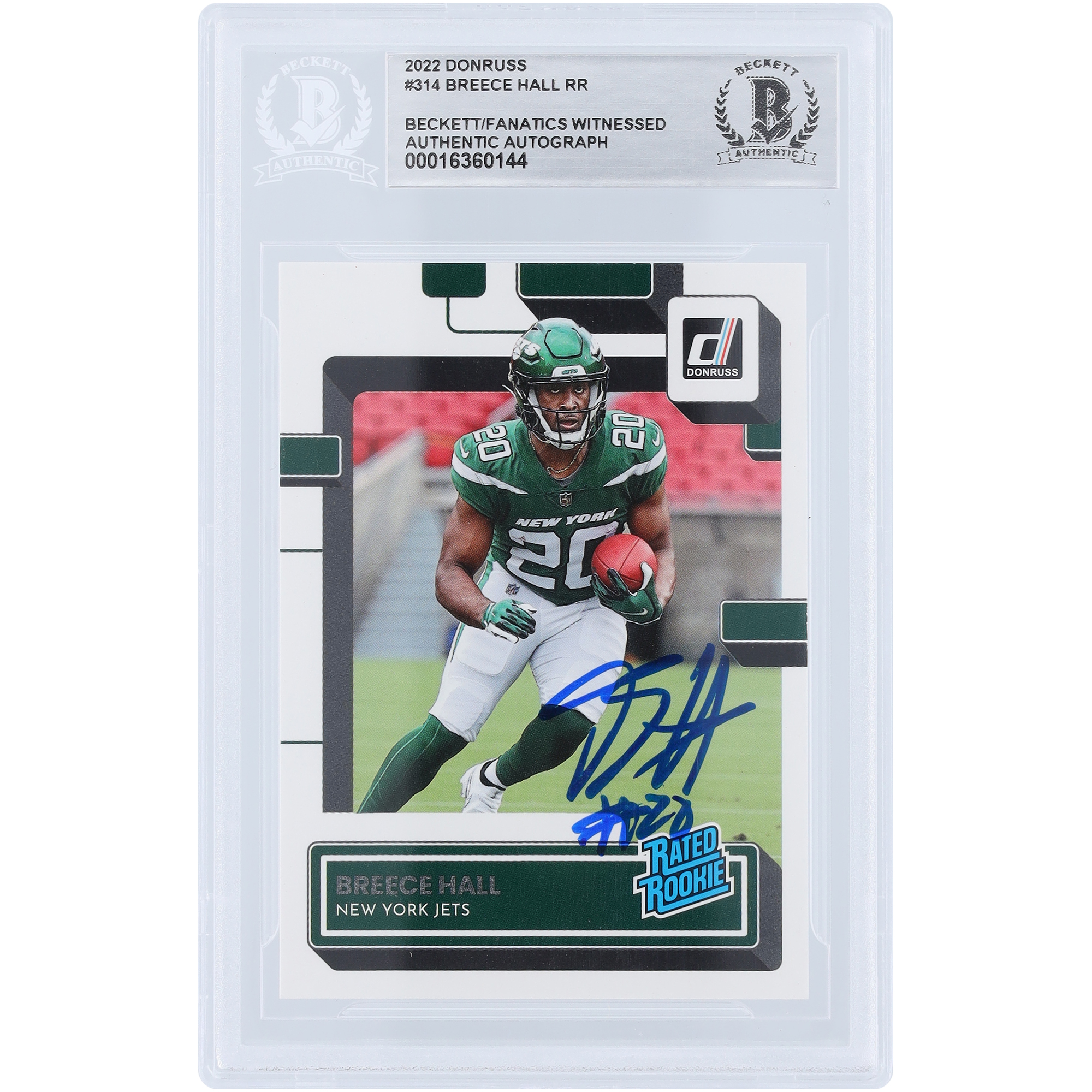 Breece Hall New York Jets signierte 2022 Panini Donruss bewertet Rookie #314 Beckett Fanatics bezeugte authentifizierte Rookie-Karte