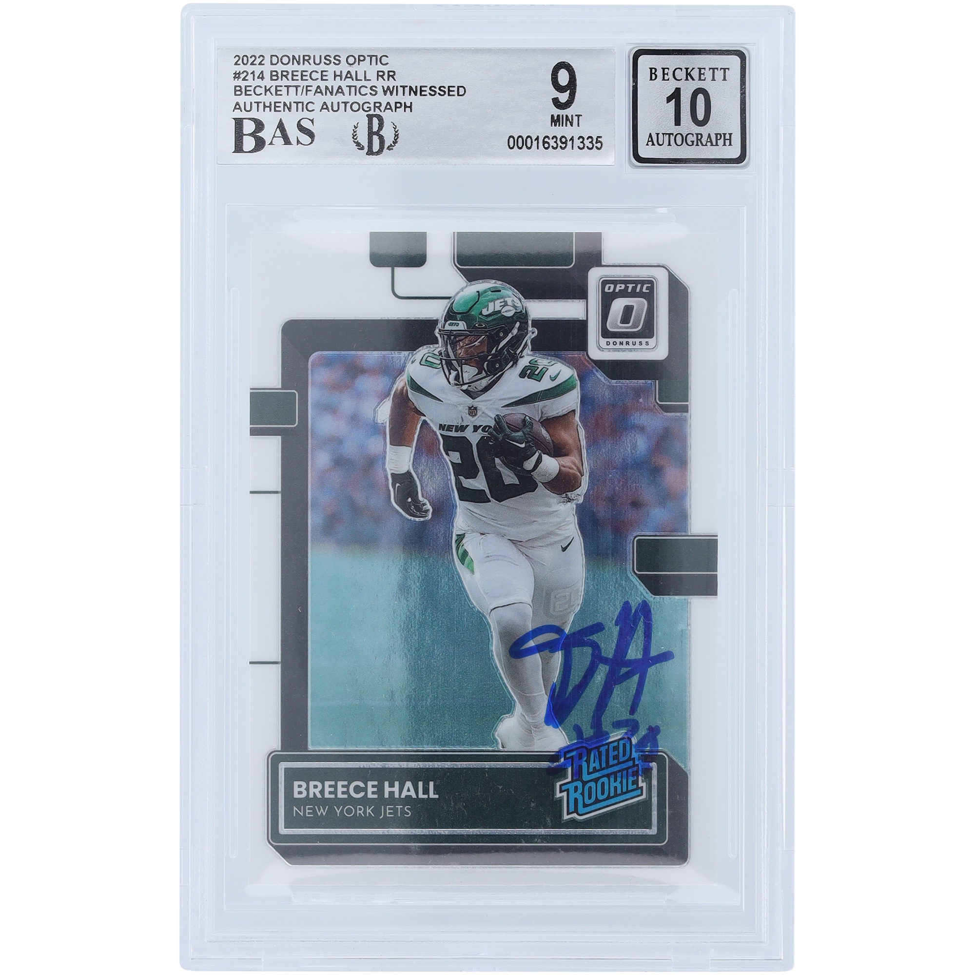 Breece Hall New York Jets signierte 2022 Panini Donruss bewertet Rookie #214 Beckett Fanatics bezeugt authentifizierte 9/10 Rookie-Karte