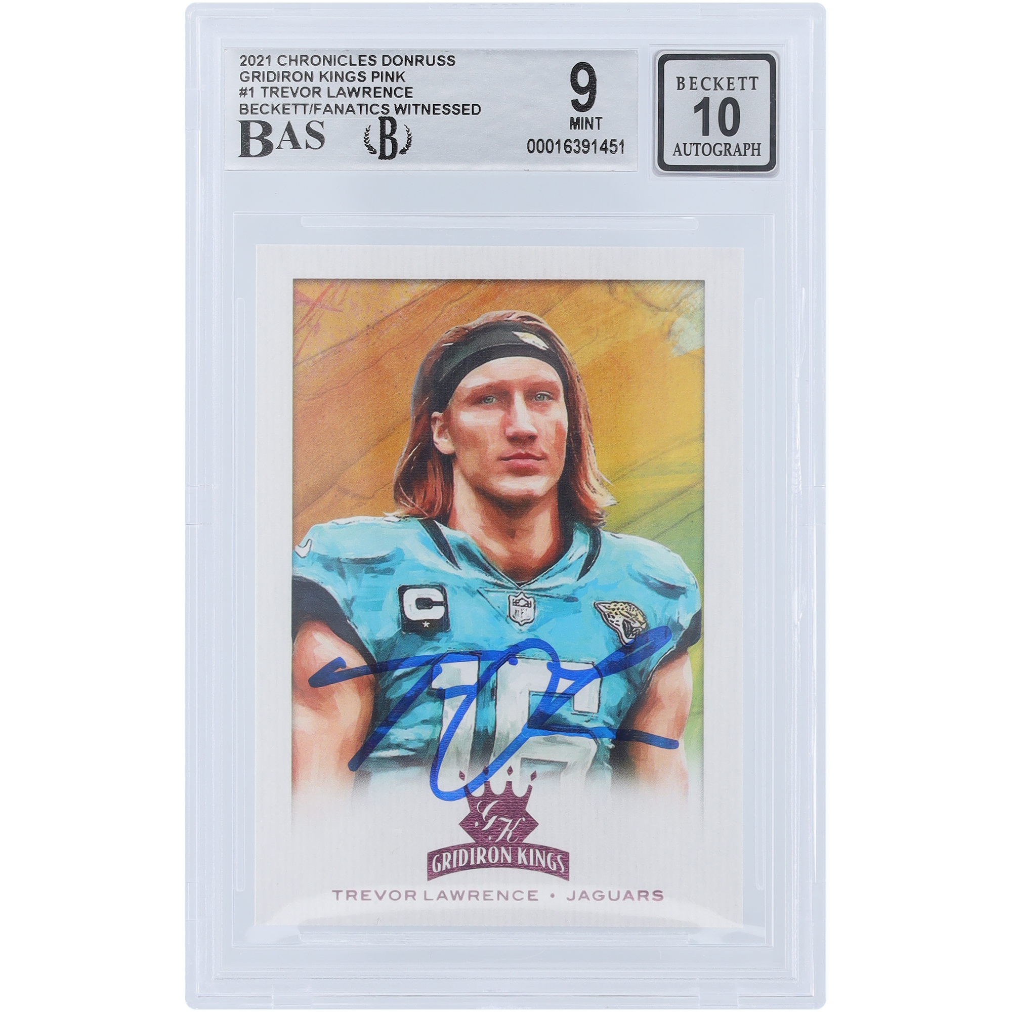 Trevor Lawrence Jacksonville Jaguars signierte 2021 Panini Chronicles Donruss Gridiron Kings Pink #GK-1 Beckett Fanatics bezeugte authentifizierte 9/10 Rookie-Karte