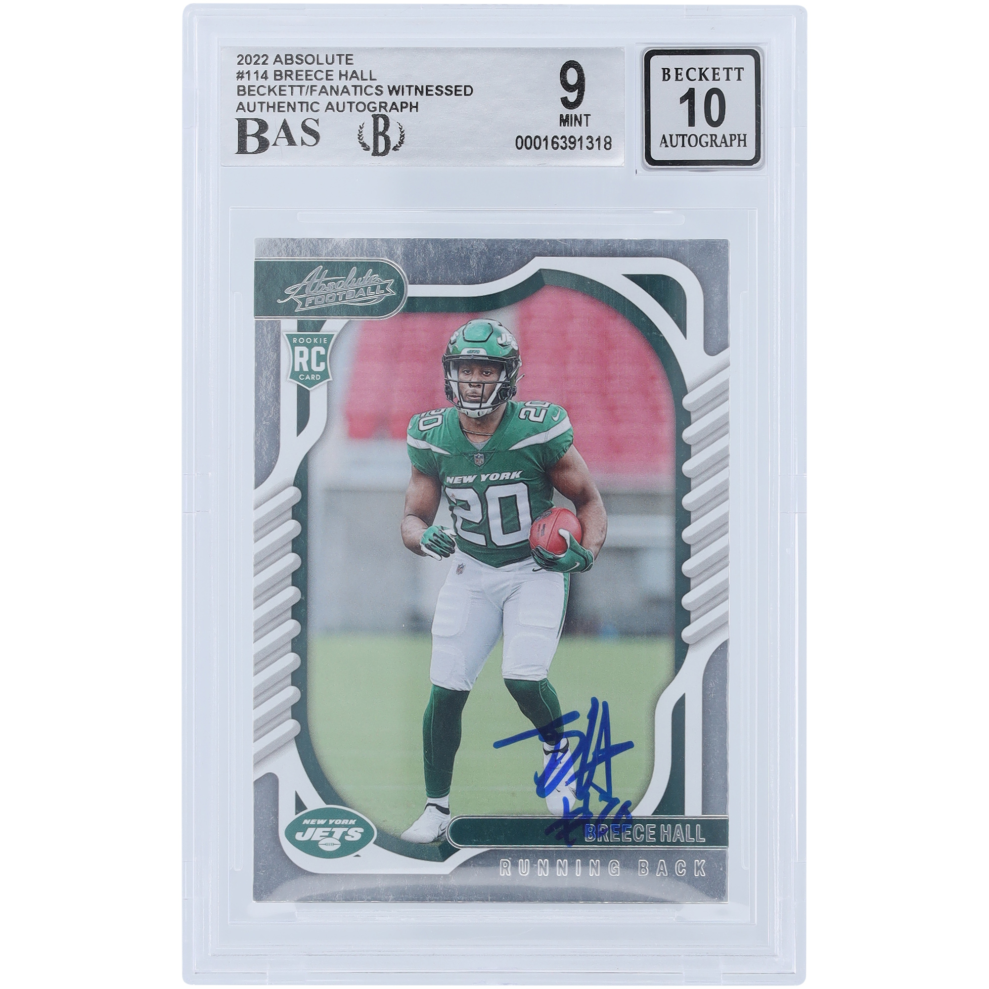 Breece Hall New York Jets signierte 2022 Panini Absolute #114 Beckett Fanatics bezeugte authentifizierte 9/10 Rookie-Karte