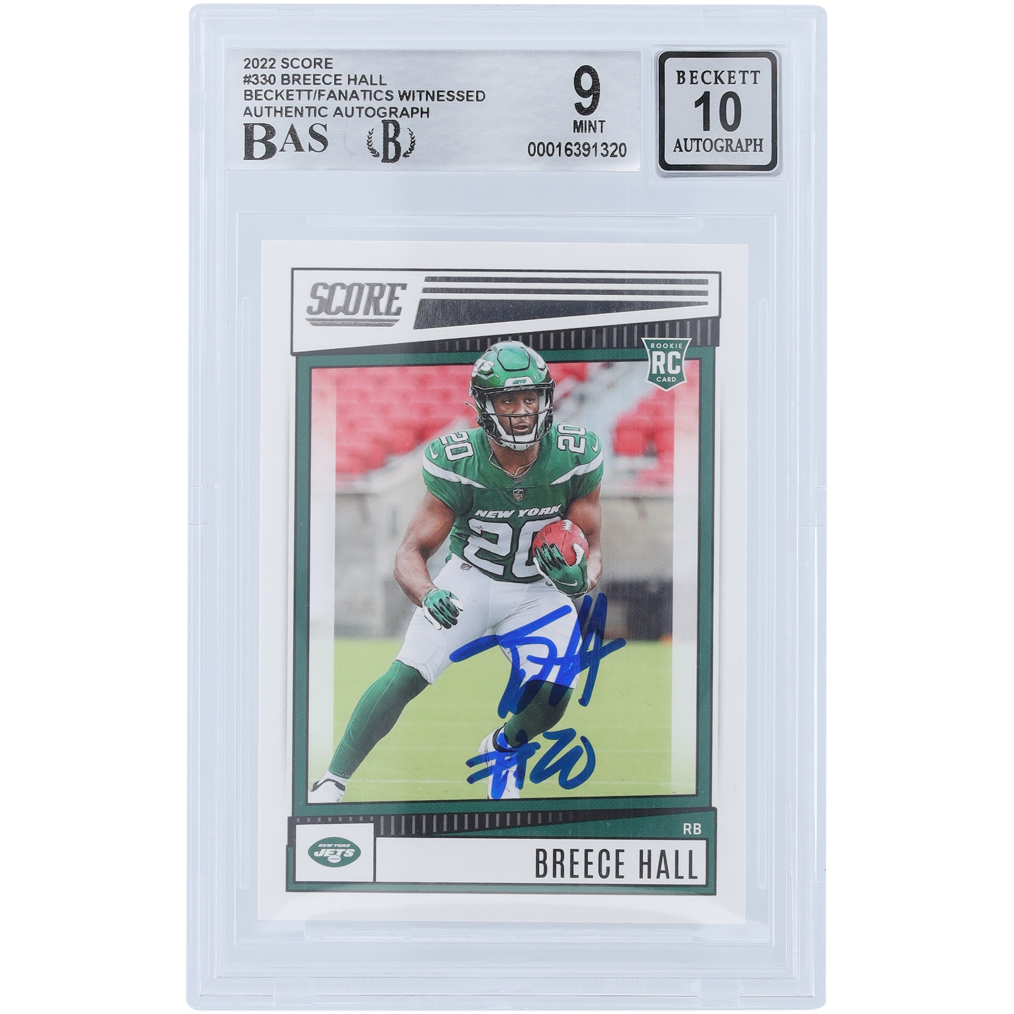 Breece Hall New York Jets signierte 2022 Panini Score #330 Beckett Fanatics bezeugte authentifizierte 9/10 Rookie-Karte