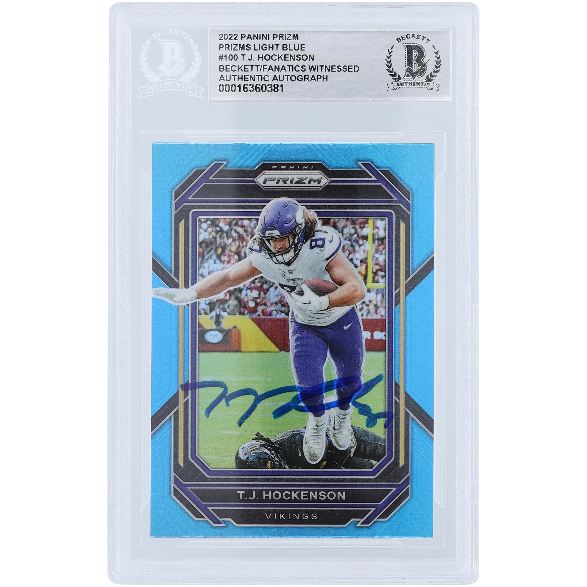 T.J. Hockenson Minnesota Vikings Autogrammkarte 2022 Panini Prizm Hellblau #100 Beckett Fanatics Beglaubigte Authentizitätskarte