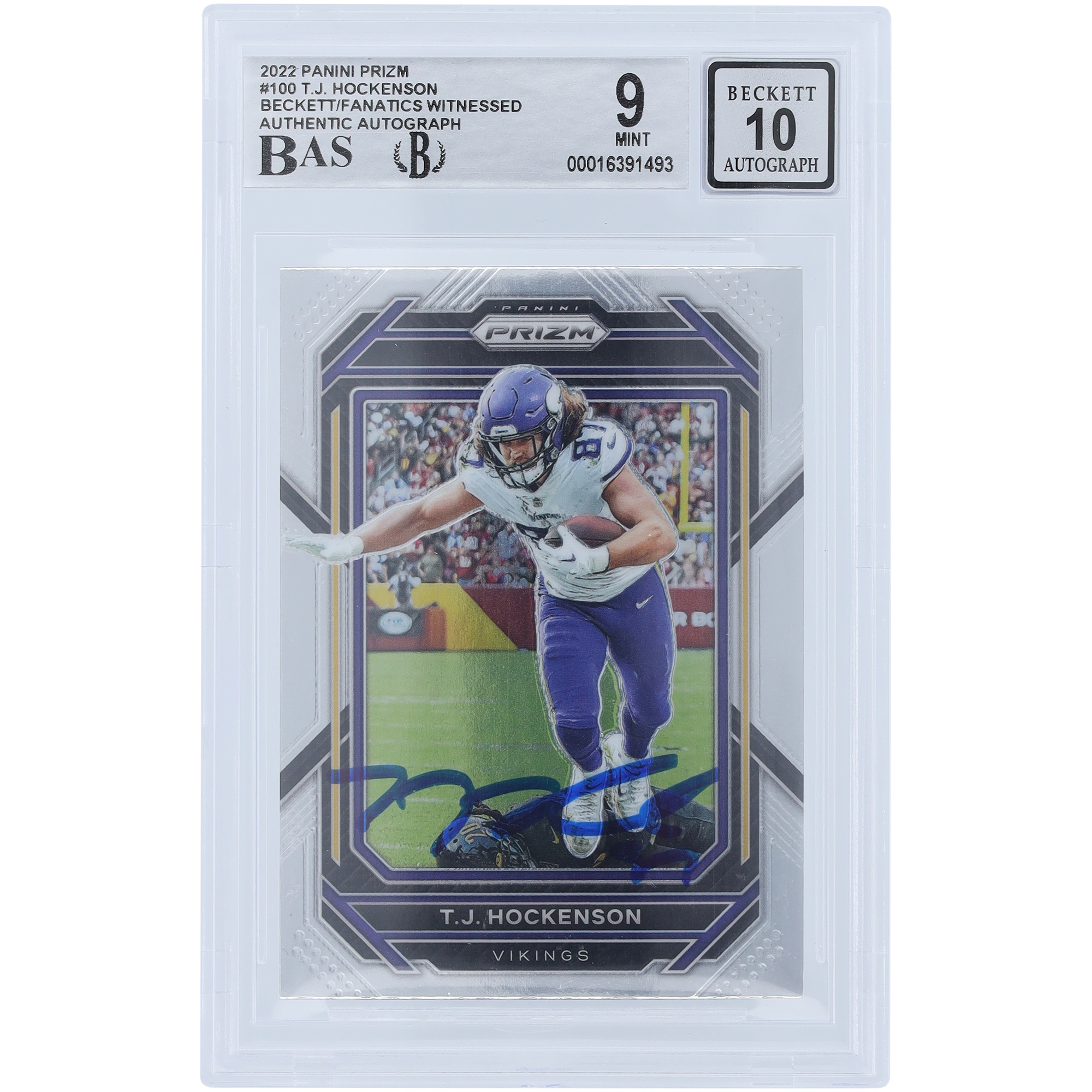 T.J. Hockenson Minnesota Vikings signierte 2022 Panini Prizm #100 Beckett Fanatics bezeugte authentifizierte 9/10 Karte