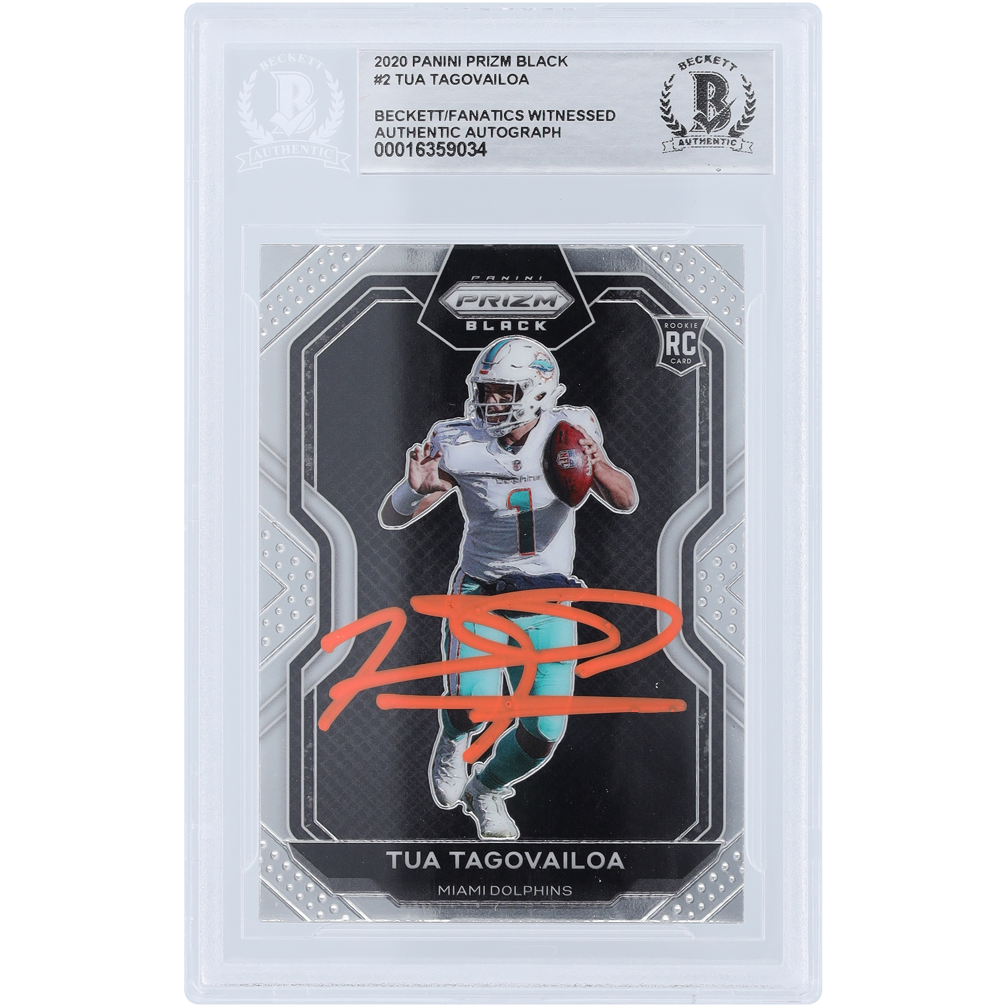 Tua Tagovailoa Miami Dolphins signierte 2020 Panini Prizm Black Orange Ink #PB-2 Beckett Fanatics bezeugte authentifizierte Rookie-Karte