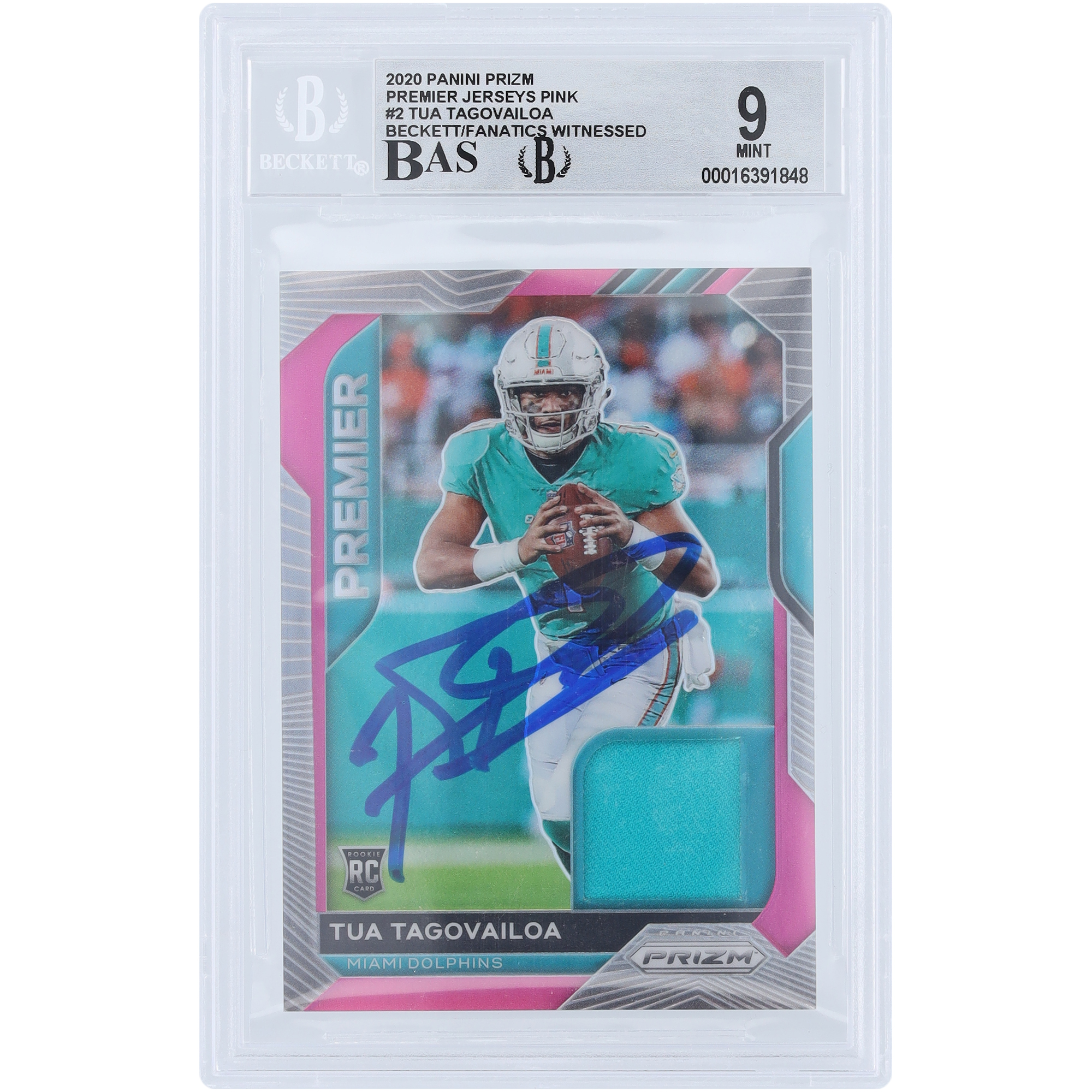 Tua Tagovailoa Miami Dolphins signierte 2020 Panini Prizm Premier Trikots Pink Prizm Relic #2 Beckett Fanatics bezeugte authentifizierte 9/10 Rookie-Karte