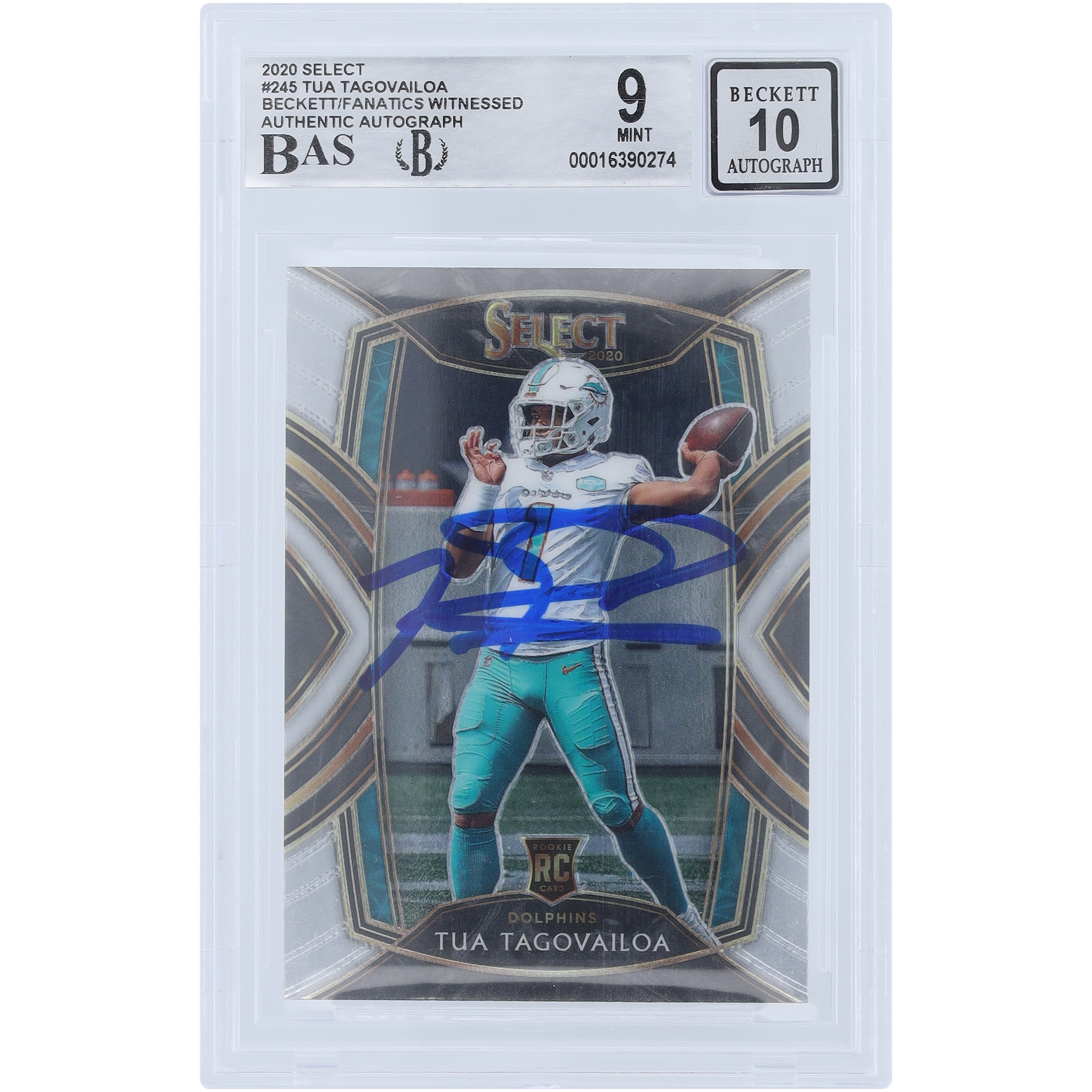 Tua Tagovailoa Miami Dolphins signierte 2020 Panini Select Club Level #245 Beckett Fanatics bezeugte authentifizierte 9/10 Rookie-Karte