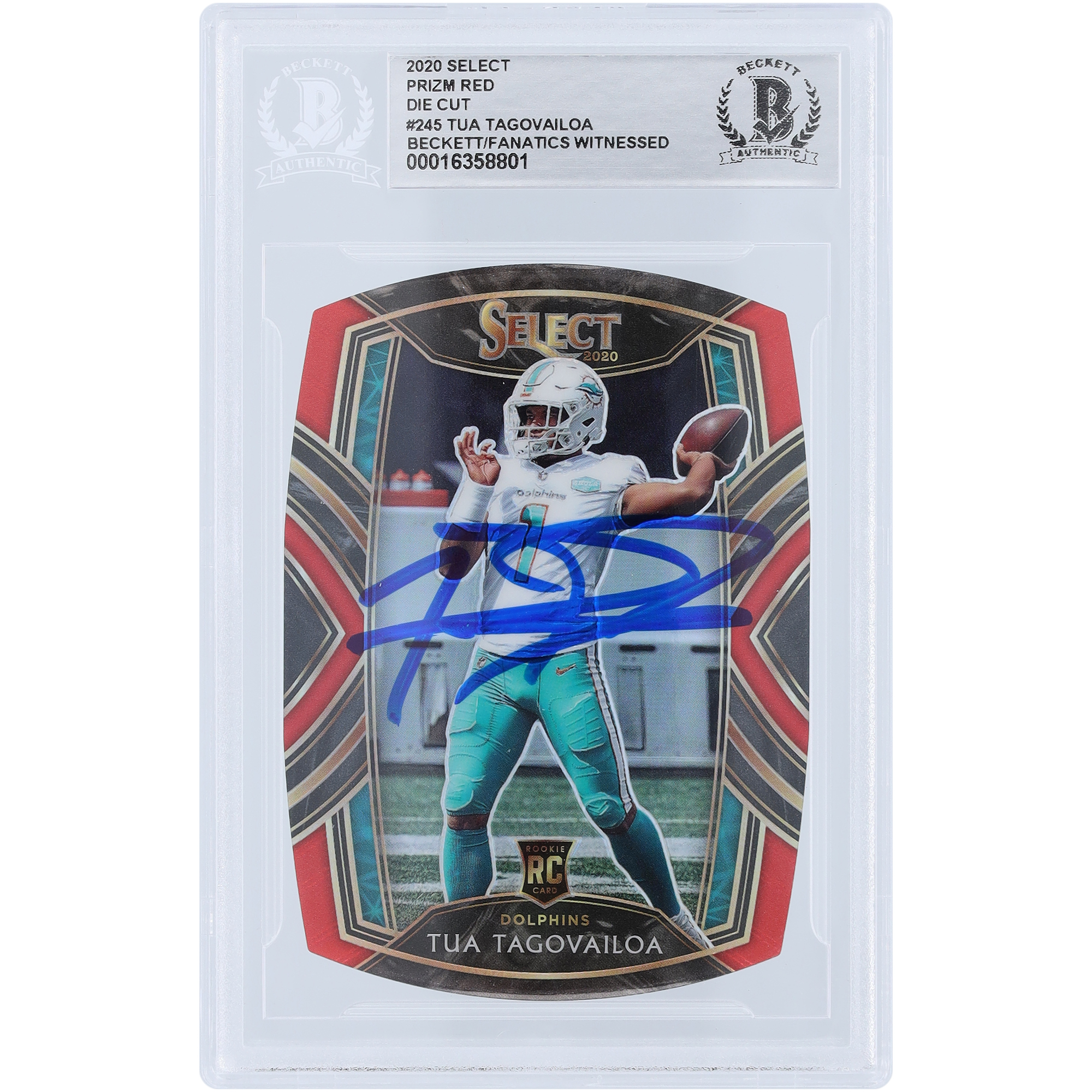 Tua Tagovailoa Miami Dolphins signierte 2020 Panini Select Club Level Red Die Cut Prizm #245 Beckett Fanatics bezeugte authentifizierte Rookie-Karte