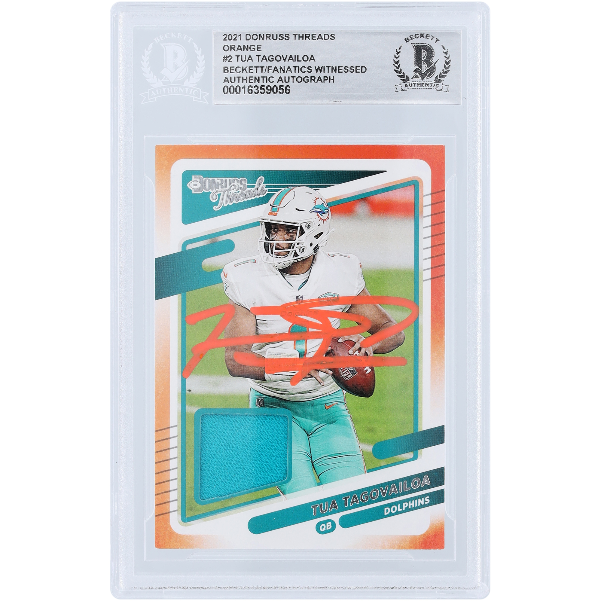 Tua Tagovailoa Miami Dolphins signiert 2021 Panini Donruss Threads Orange Relic Orange Ink #DT2 Beckett Fanatics bezeugte authentifizierte Karte