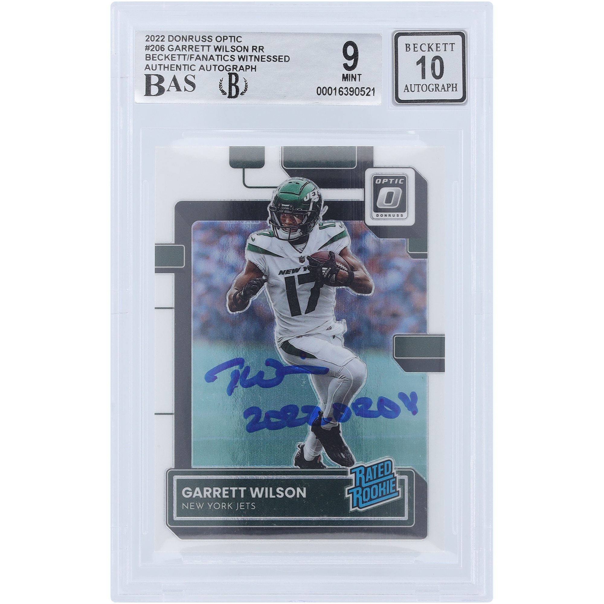 Garrett Wilson New York Jets signierte 2022 Panini Donruss Optic Rated Rookie #206 Beckett Fanatics bezeugte authentifizierte 9/10 Rookie-Karte mit „2022 OROY“-Aufschrift