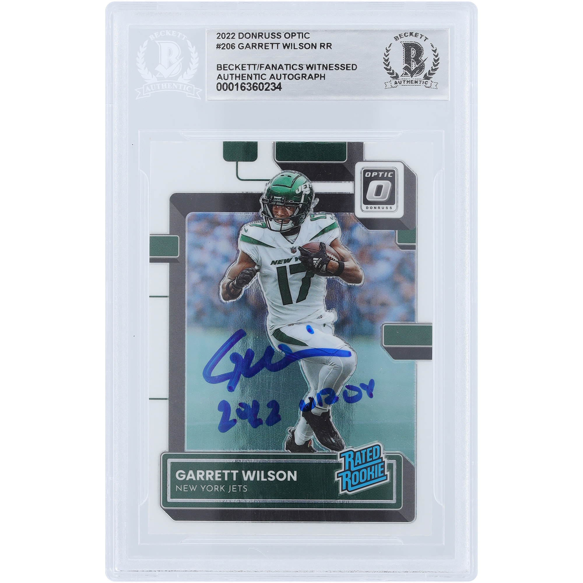 Garrett Wilson New York Jets signierte 2022 Panini Donruss Optic Rated Rookie #206 Beckett Fanatics bezeugte authentifizierte Rookie-Karte mit „2022 OROY“-Aufschrift