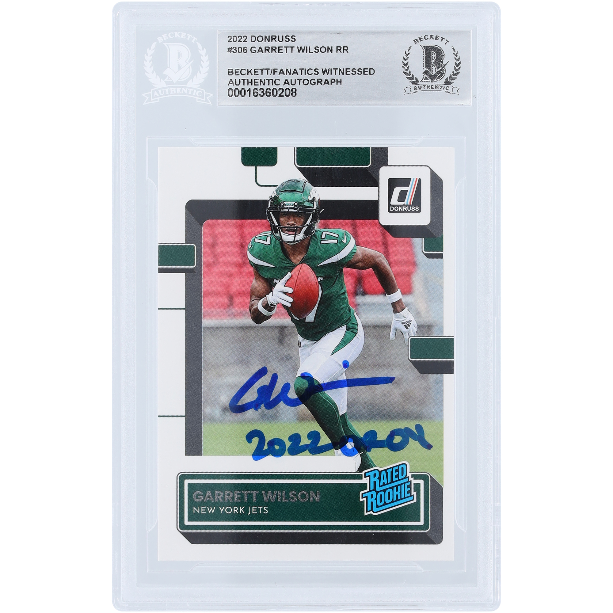 Garrett Wilson New York Jets signierte 2022 Panini Donruss bewertet Rookie #306 Beckett Fanatics bezeugte authentifizierte Rookie-Karte mit „2022 OROY“-Aufschrift