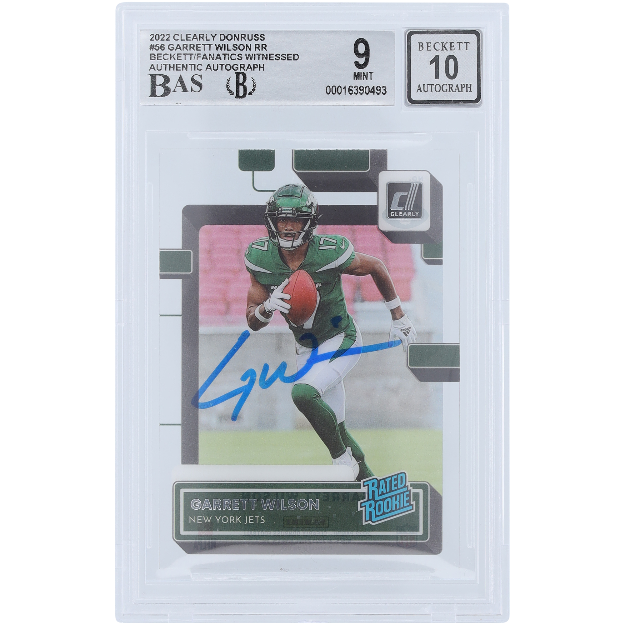 Garrett Wilson New York Jets signierte 2022 Panini eindeutig Donruss bewertet Rookie #56 Beckett Fanatics Zeuge authentifizierte 9/10 Rookie Karte