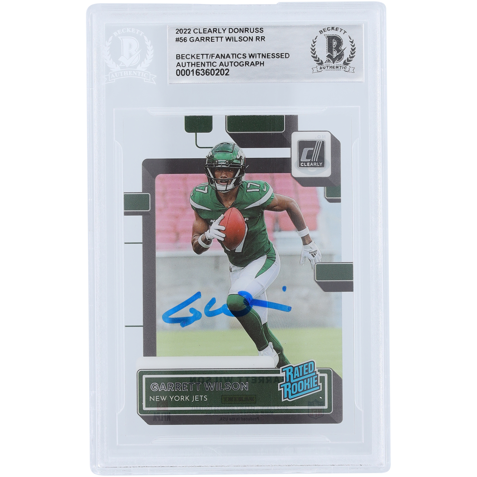 Garrett Wilson New York Jets signierte 2022 Panini eindeutig Donruss bewertet Rookie #56 Beckett Fanatics bezeugte authentifizierte Rookie-Karte