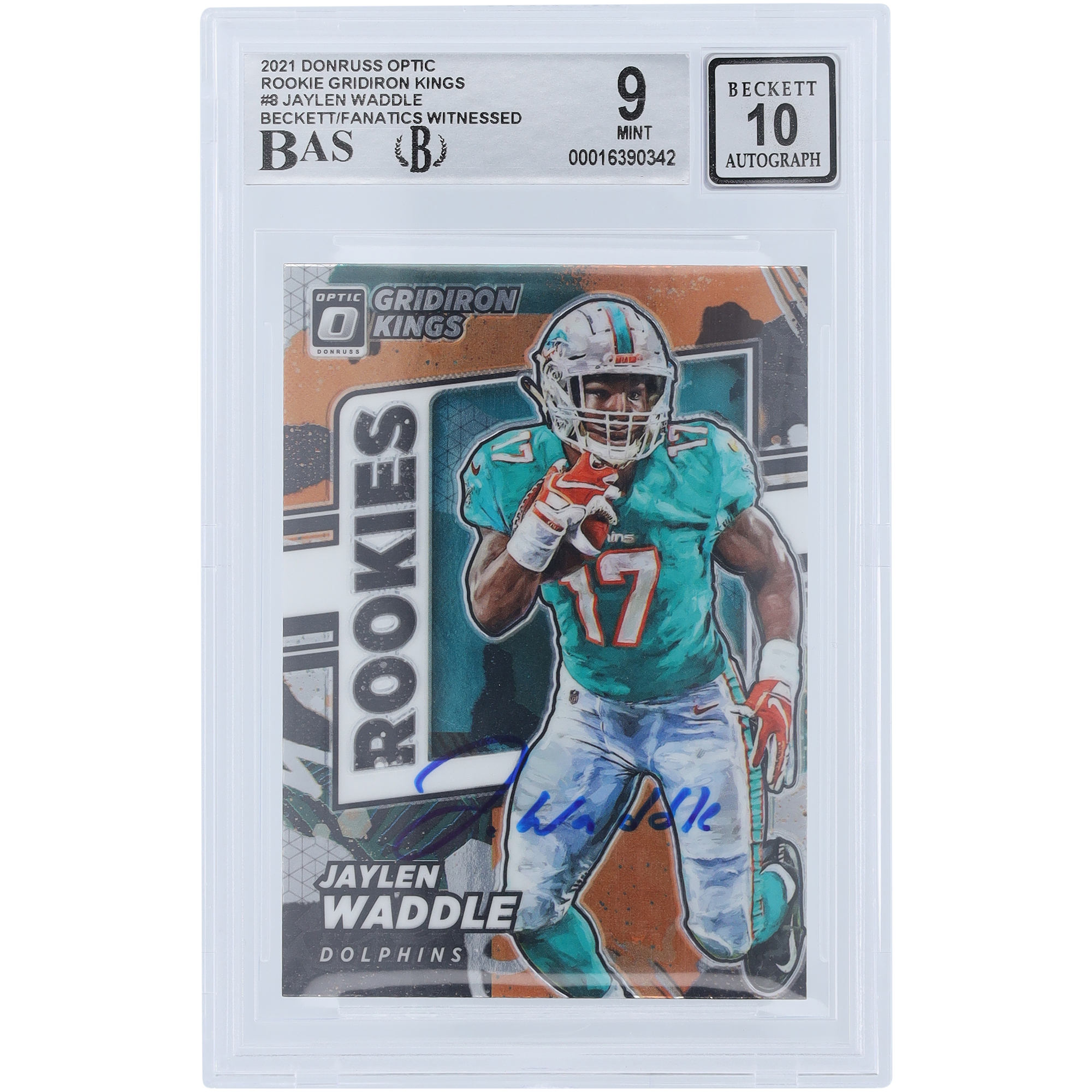 Jaylen Waddle Miami Dolphins signierte 2021 Panini Donruss Optic Gridiron Kings #RGK-8 Beckett Fanatics bezeugte authentifizierte 9/10 Rookie-Karte